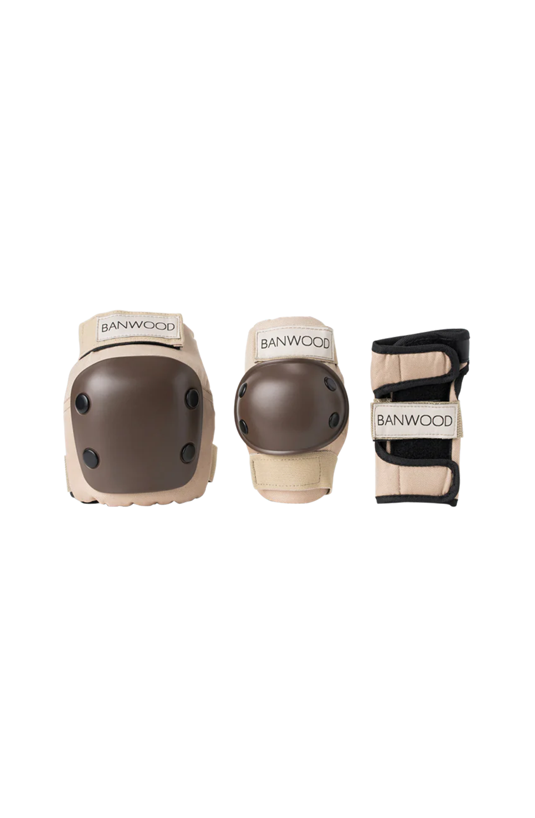 Banwood skateboard protective knee pads, elbow pads and wrist guards in tan/brown.. 