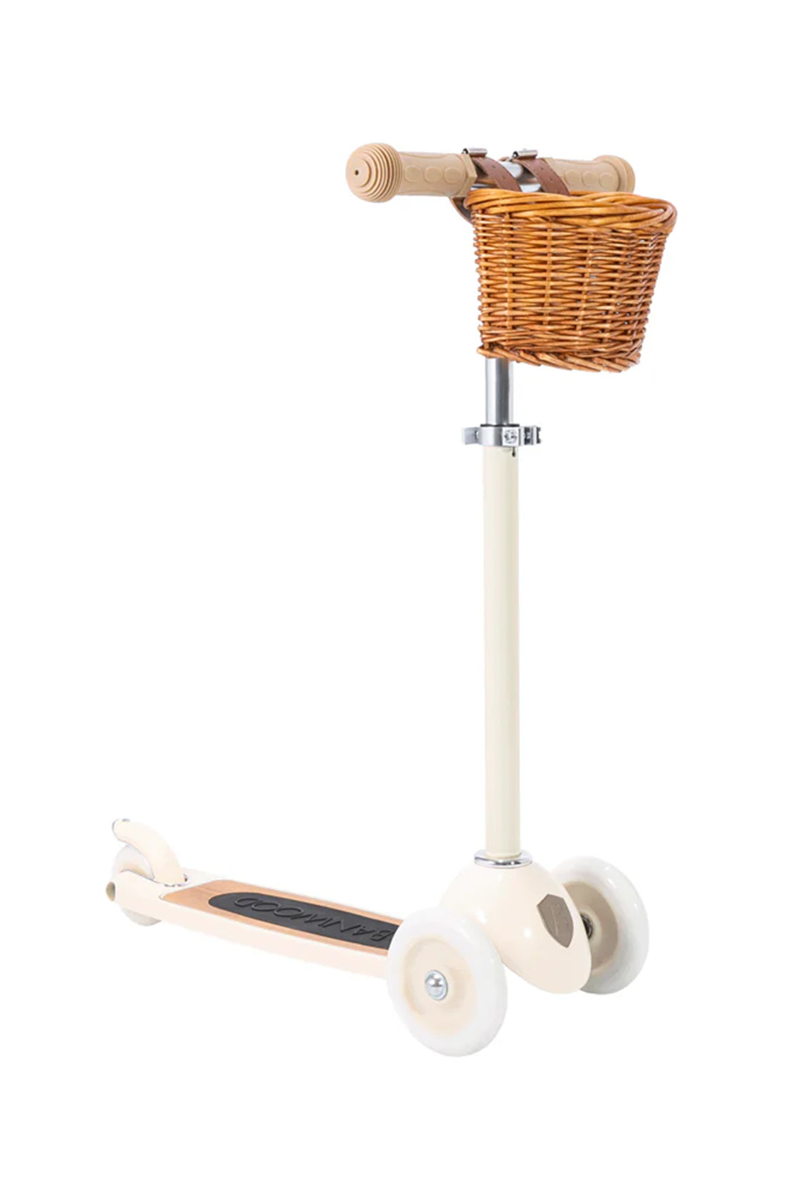 A Banwood scooter in cream with a straw basket on a white background.