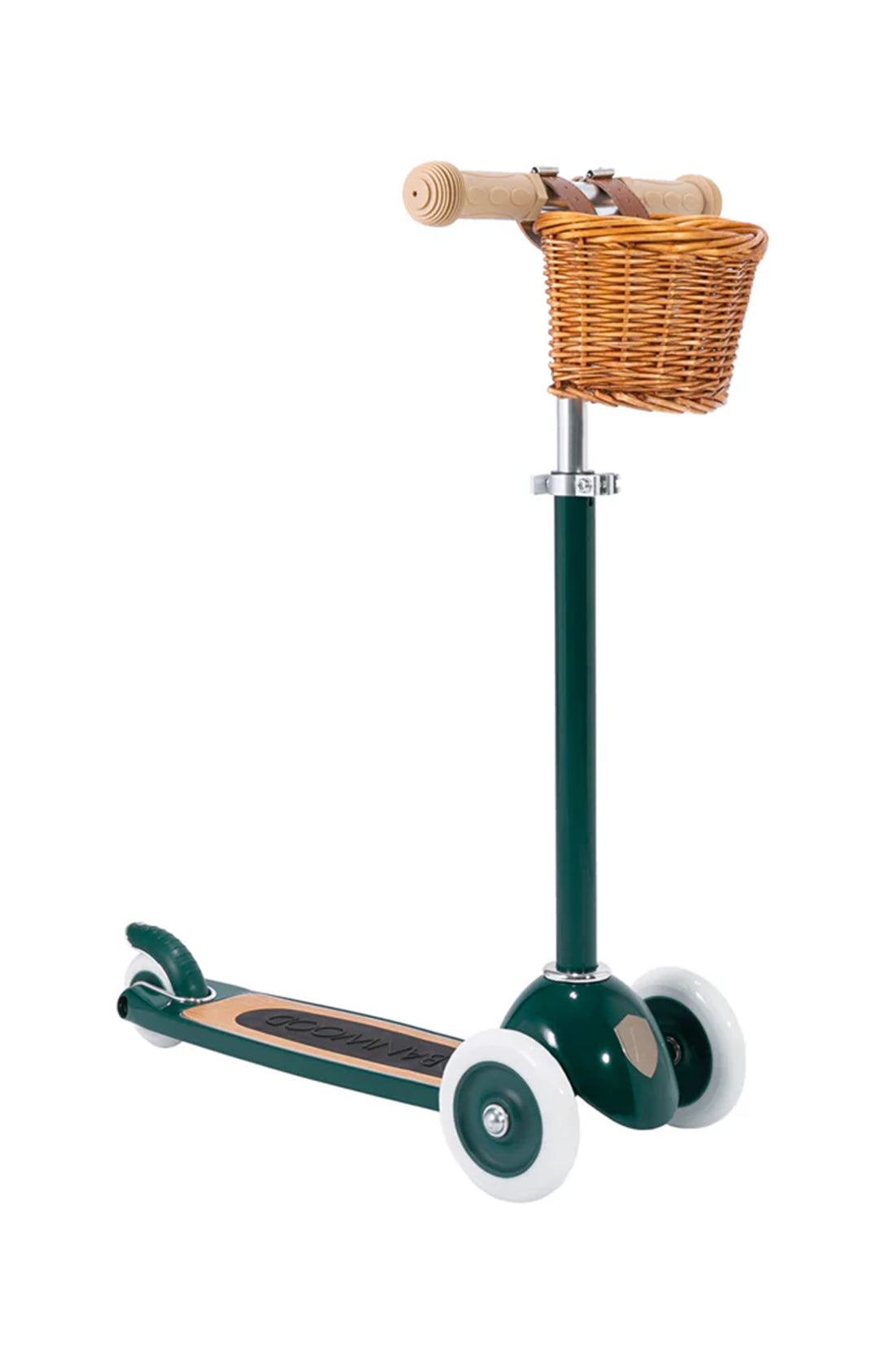 A banwood kids scooter in green with a straw basket on a white background.