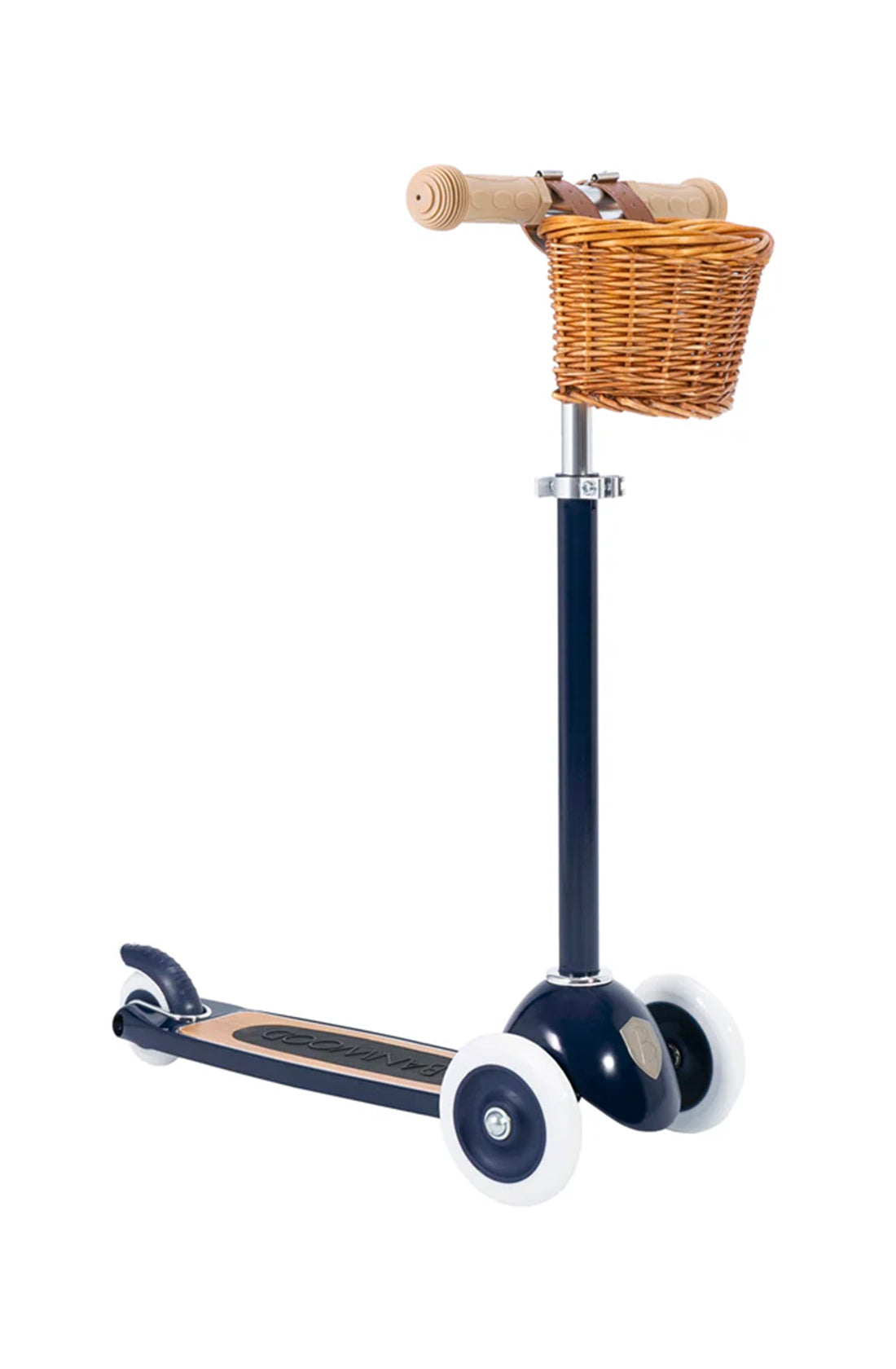 A banwood kids scooter in navy with a straw basket on a white background.