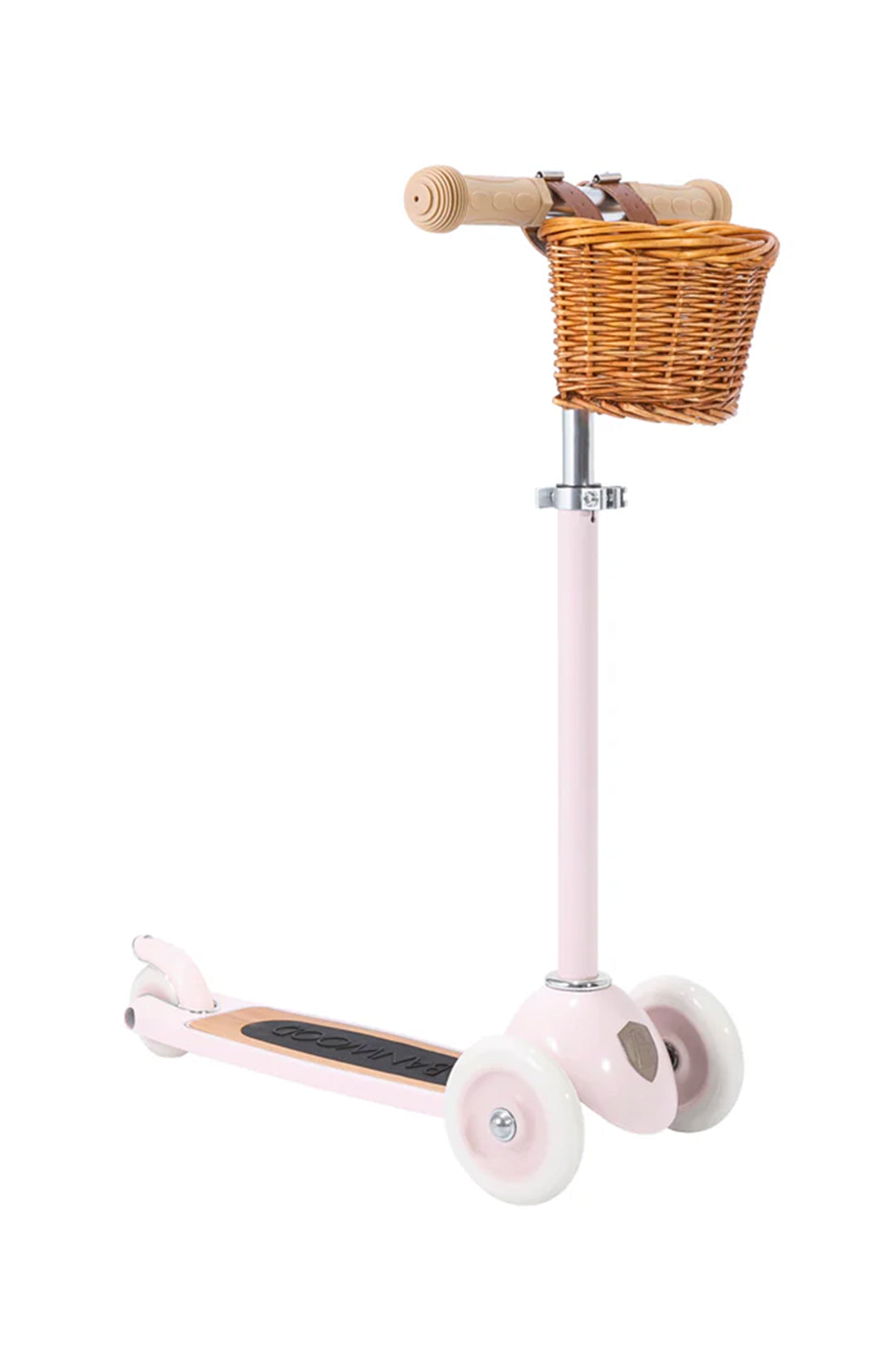 A banwood kids scooter in pink with a straw basket on a white background.