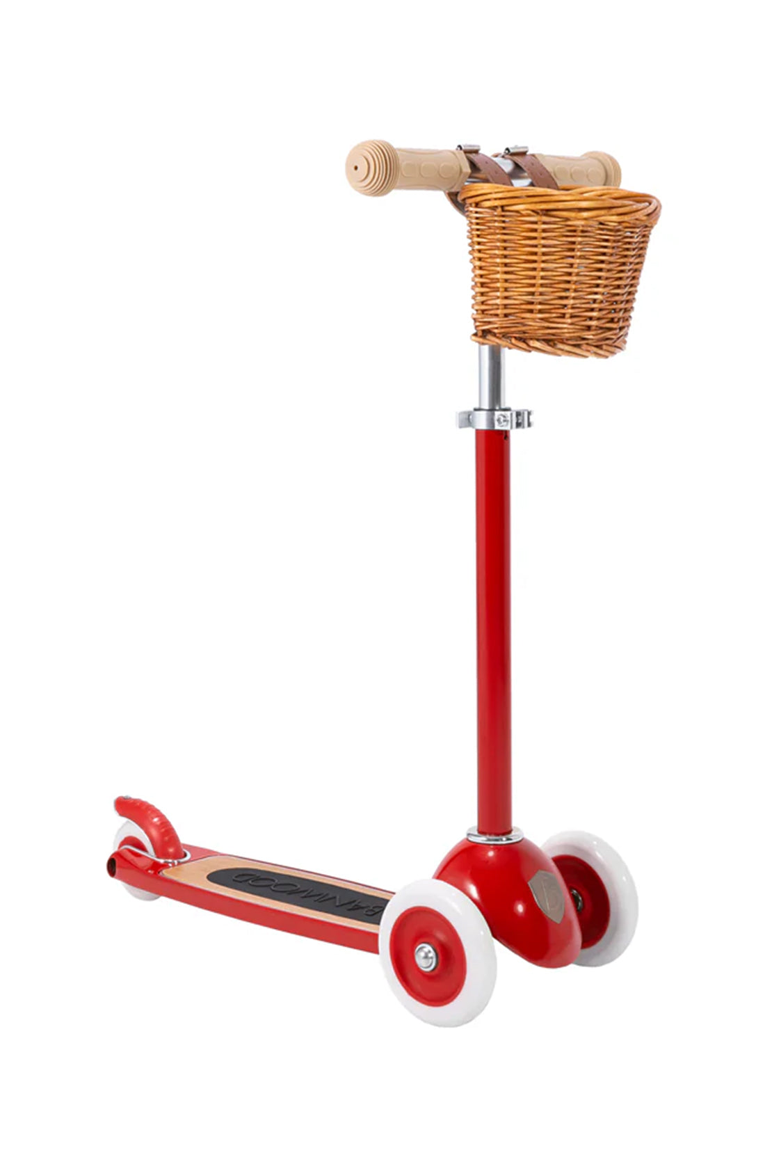 A banwood kids scooter in red with a straw basket on a white background.