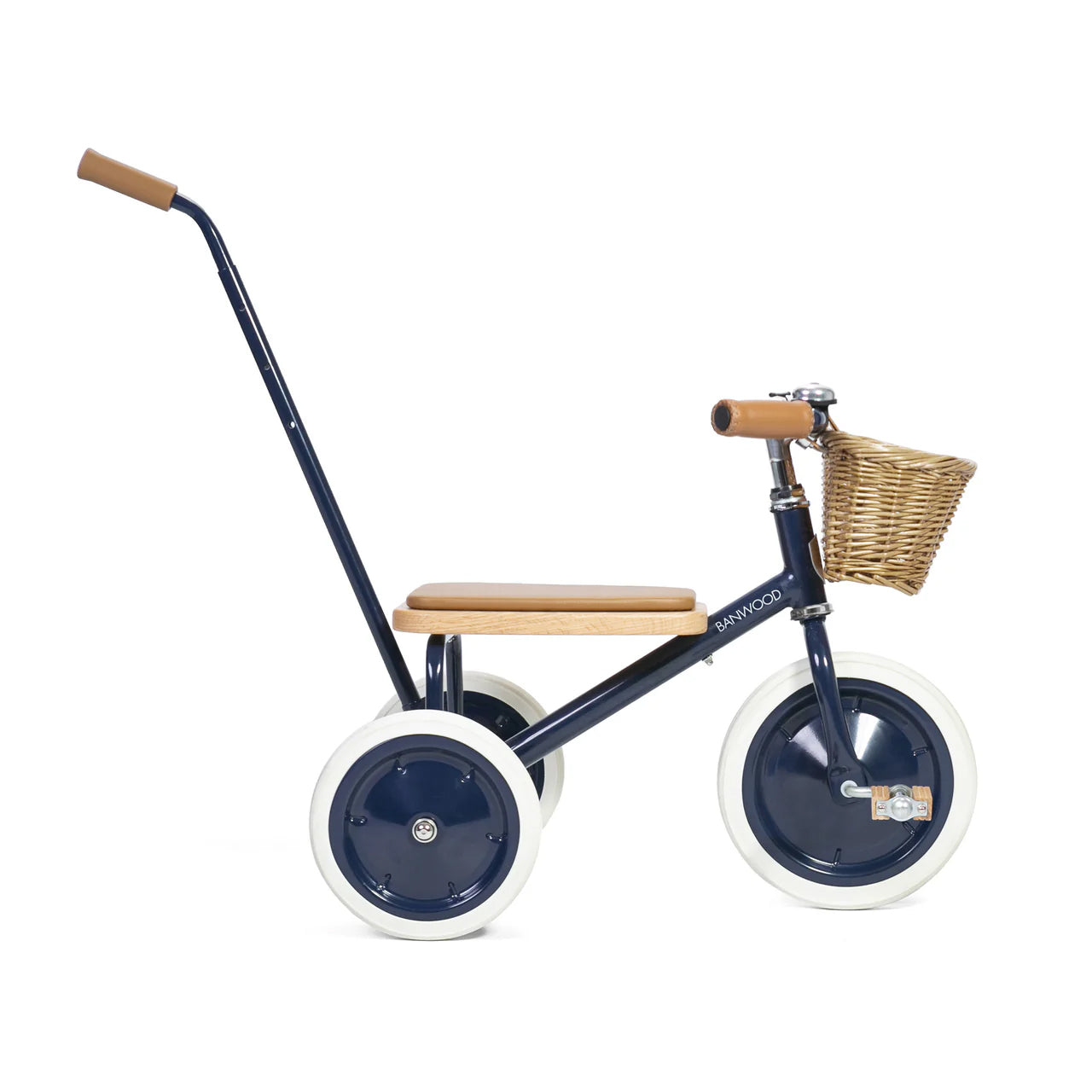 A side on shot of a blue banwood trike with a straw basket and handle.