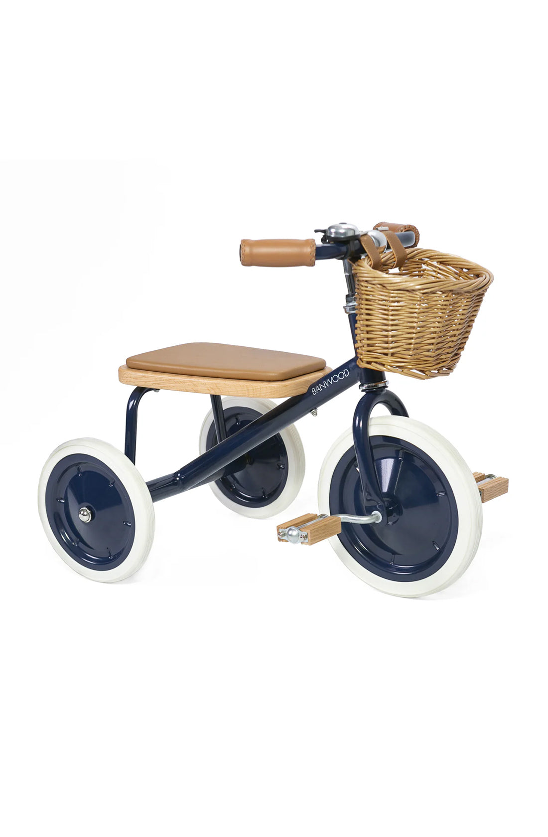 A 45 degree angle shot of a blue banwood trike with a straw basket.