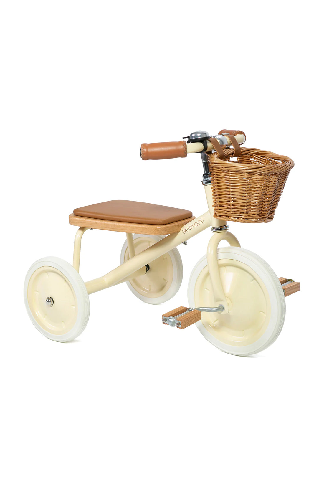 A 45 degree angle shot of a cream banwood trike with a straw basket.