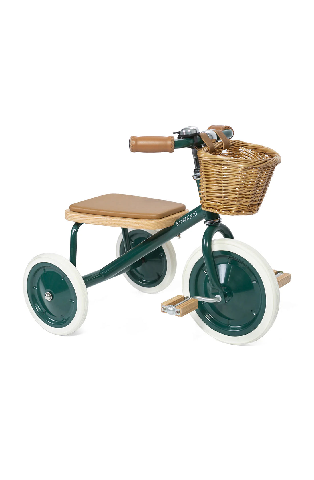 A 45 degree angle shot of a green banwood trike with a straw basket.