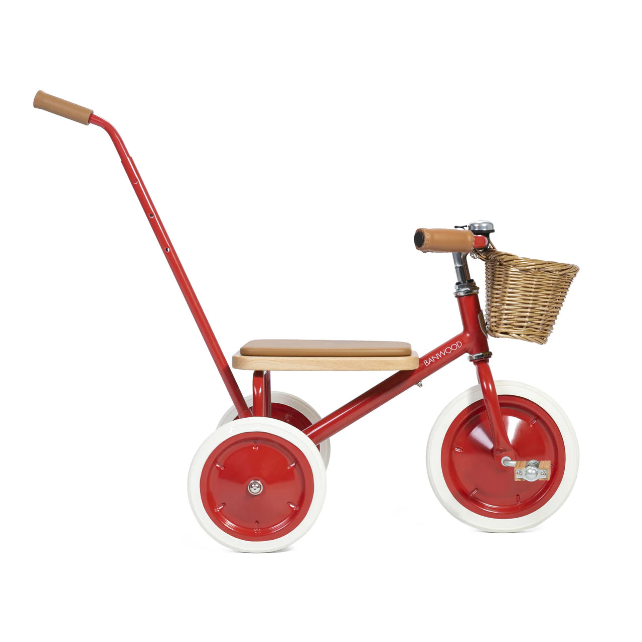 A side on shot of a red banwood trike with a straw basket and handle.