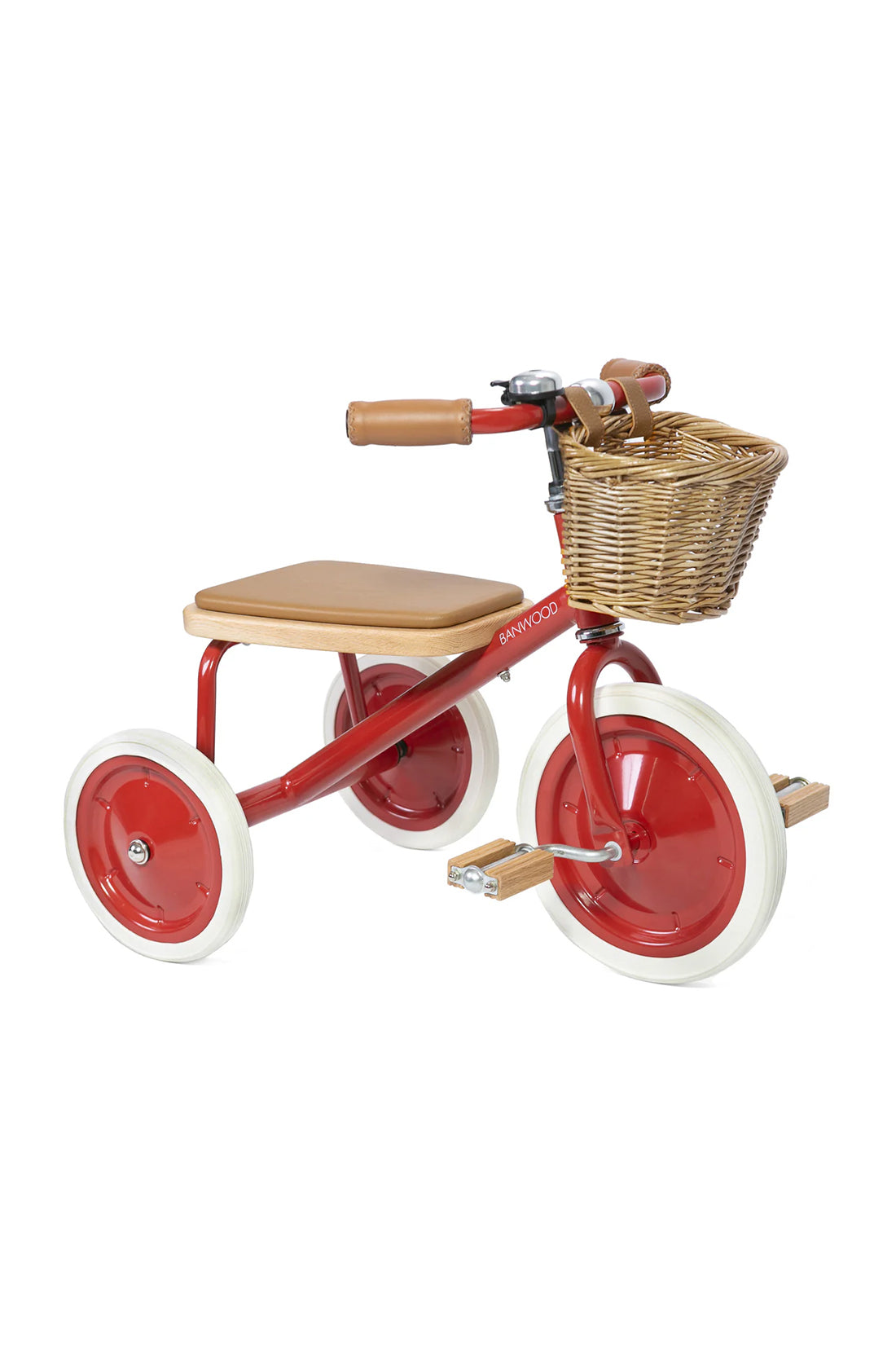 A 45 degree angle shot of a red banwood trike with a straw basket.