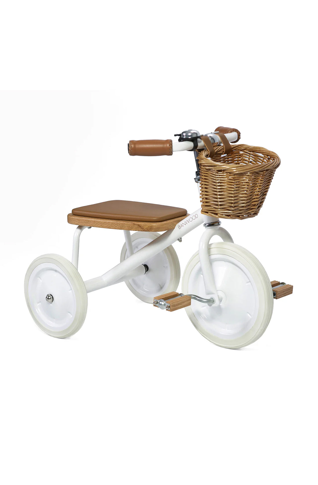 A 45 degree angle shot of a white banwood trike with a straw basket.