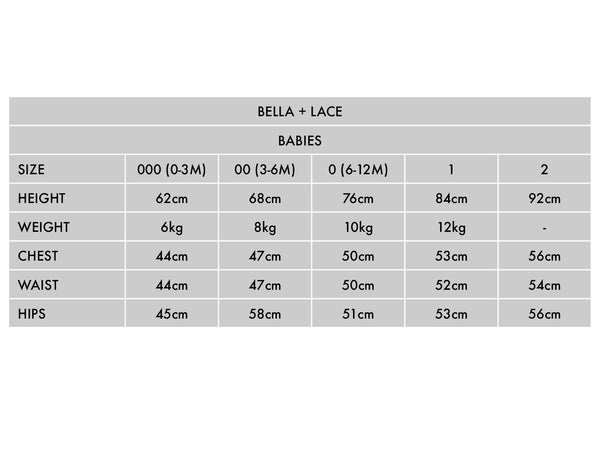 Bella and Lace babies size chart