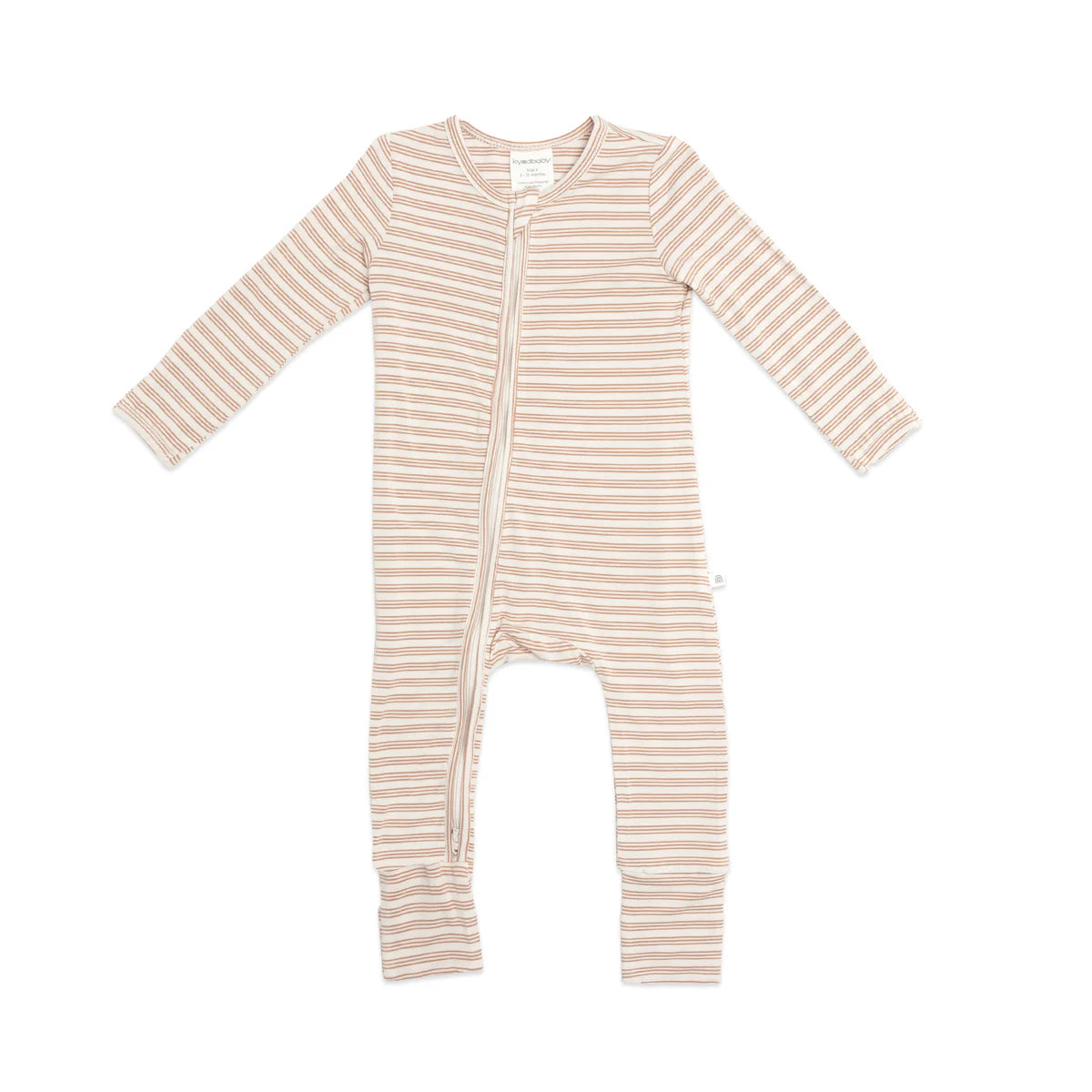 Introducing the Day or Night Onesie Neutral Stripe by KYND BABY, crafted from soft and breathable sustainable viscose. This beige and white striped newborn onesie features long sleeves and a convenient front zipper, beautifully displayed on a white background.