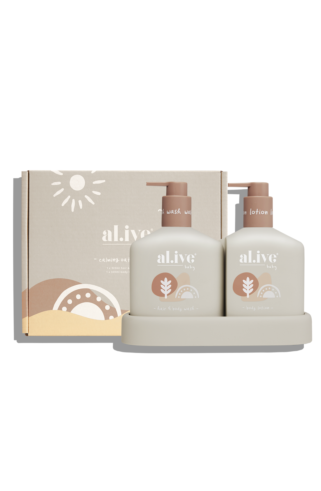 The al.ive hair and body duo calming oatmeal bottle with the cardboard packaging in the background.