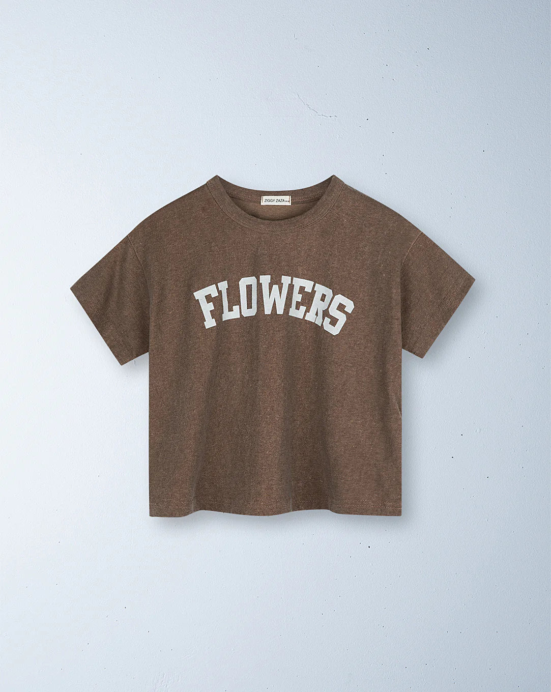 The Ziggy Zaza ~ Flowers Tee Sparrow by ZIGGY ZAZA hangs gracefully, with "FLOWERS" in bold white across the chest. Made from premium cotton, it offers a relaxed boxy fit and a simple short-sleeve design for ultimate comfort.