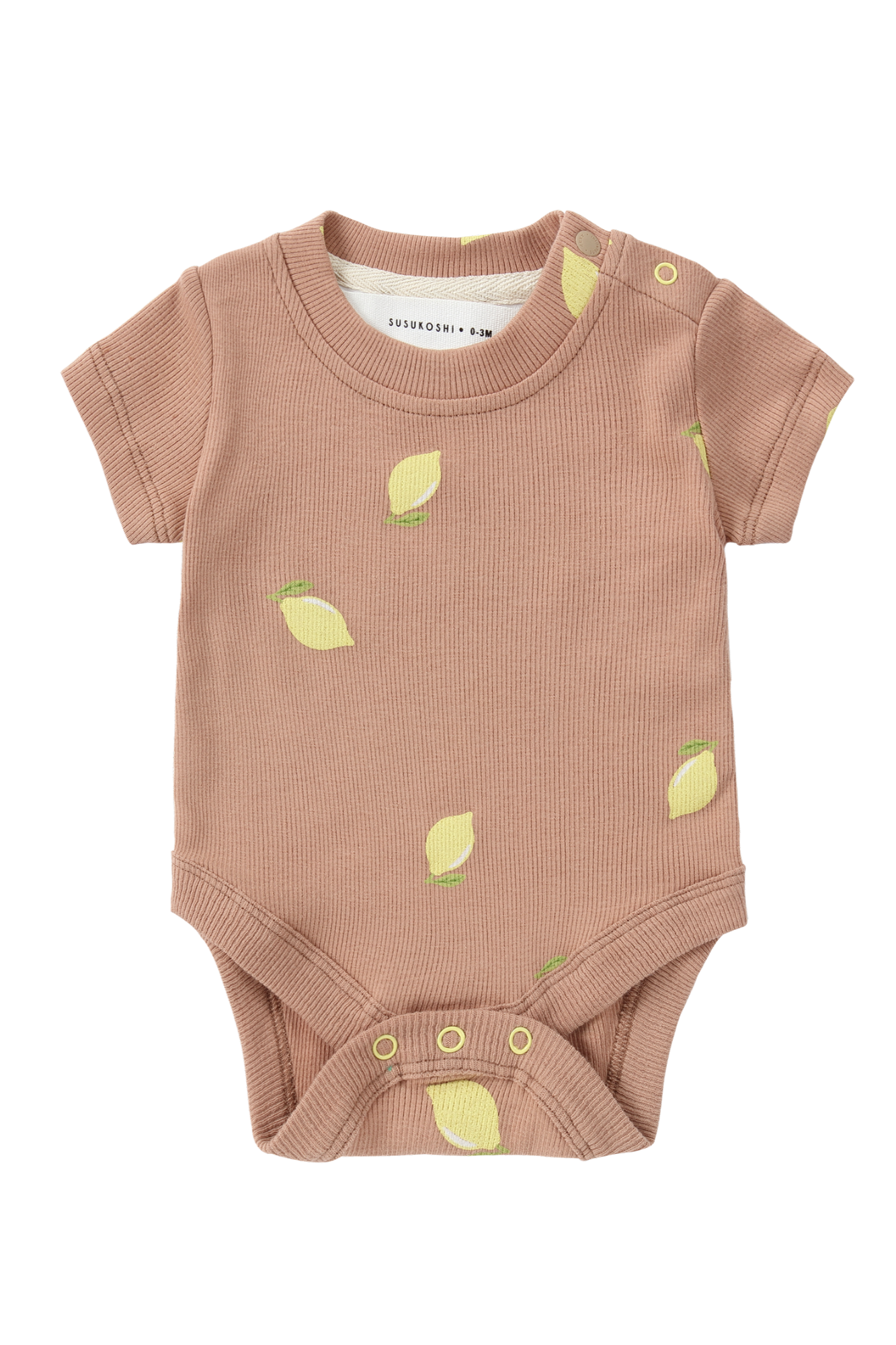 Introducing the Classic Bodysuit Lemons by SUSUKOSHI: a brown short-sleeve baby onesie crafted from organic cotton, detailed with charming yellow lemon illustrations. This comfortable and ethically made garment features shoulder and bottom buttons for easy fastening.