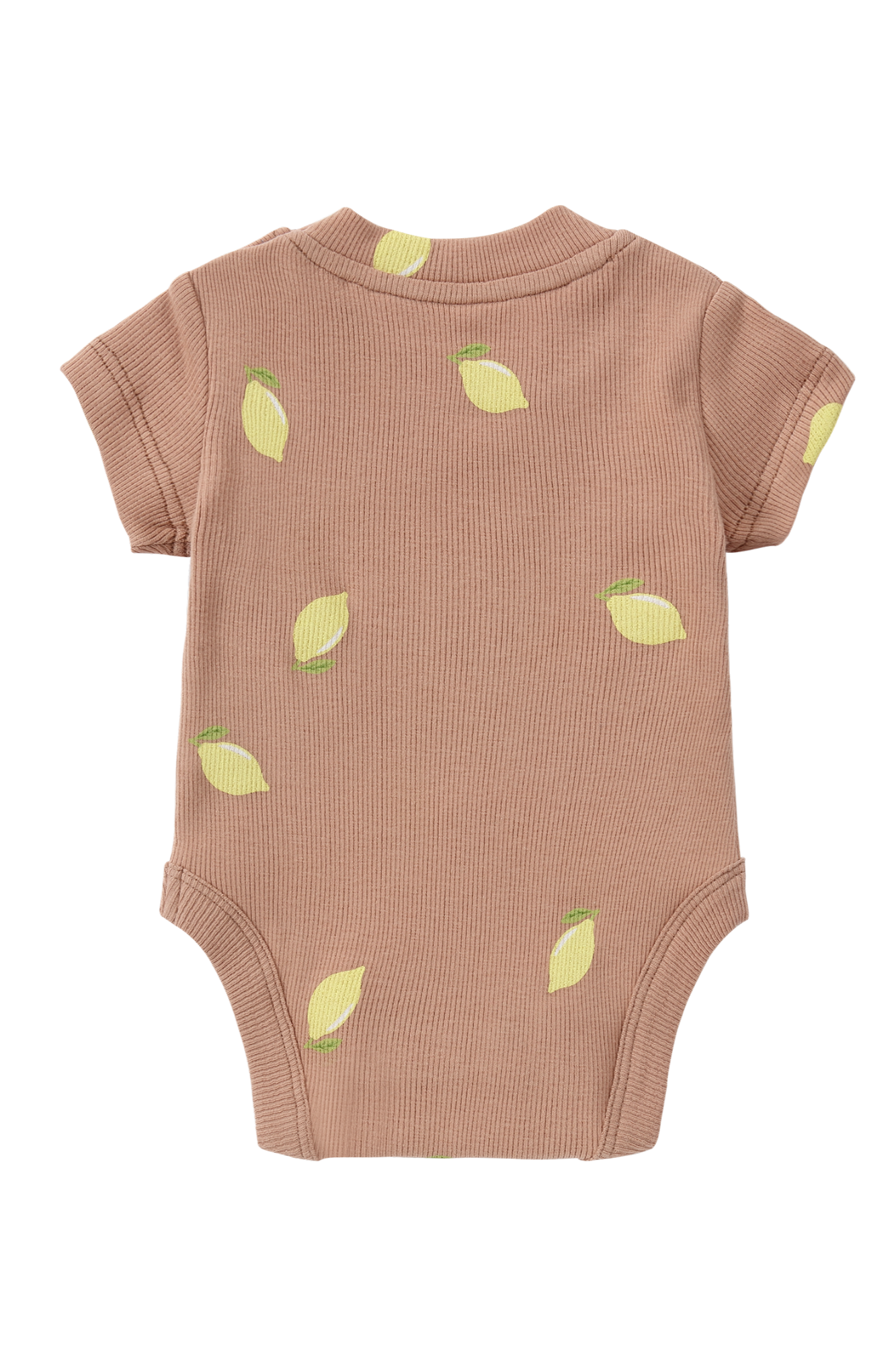 The SUSUKOSHI Classic Bodysuit Lemons is a brown, short-sleeved baby onesie crafted from organic cotton, featuring charming small lemon illustrations for your little one's comfort.