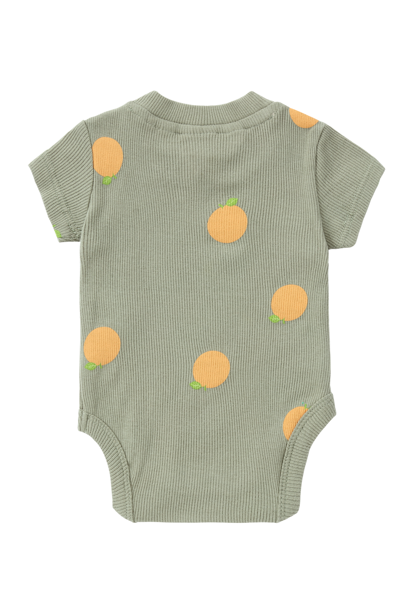 The Classic Bodysuit Oranges by SUSUKOSHI is an adorable green ribbed baby onesie designed with short sleeves and a delightful pattern of orange fruits, crafted from organic cotton for ultimate comfort. Ethically produced, this piece exemplifies the finest in sustainable baby clothing.