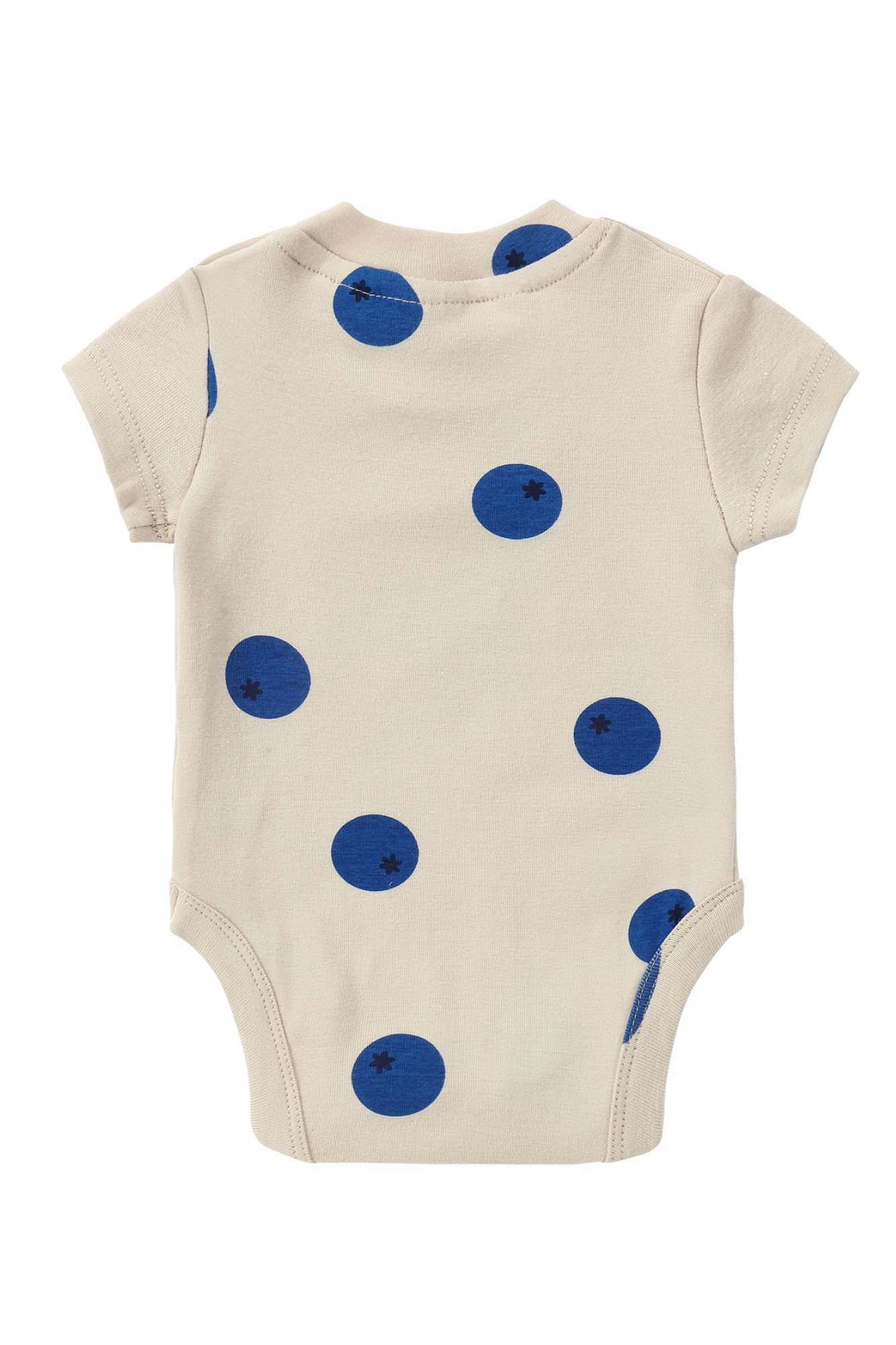 Explore the SUSUKOSHI Classic Bodysuit Blueberries, a beige baby onesie with short sleeves, beautifully decorated with blue polka dots. Made from organic cotton and designed in Australia, this piece ensures an ethical and comfortable fit for your little one's delicate skin.