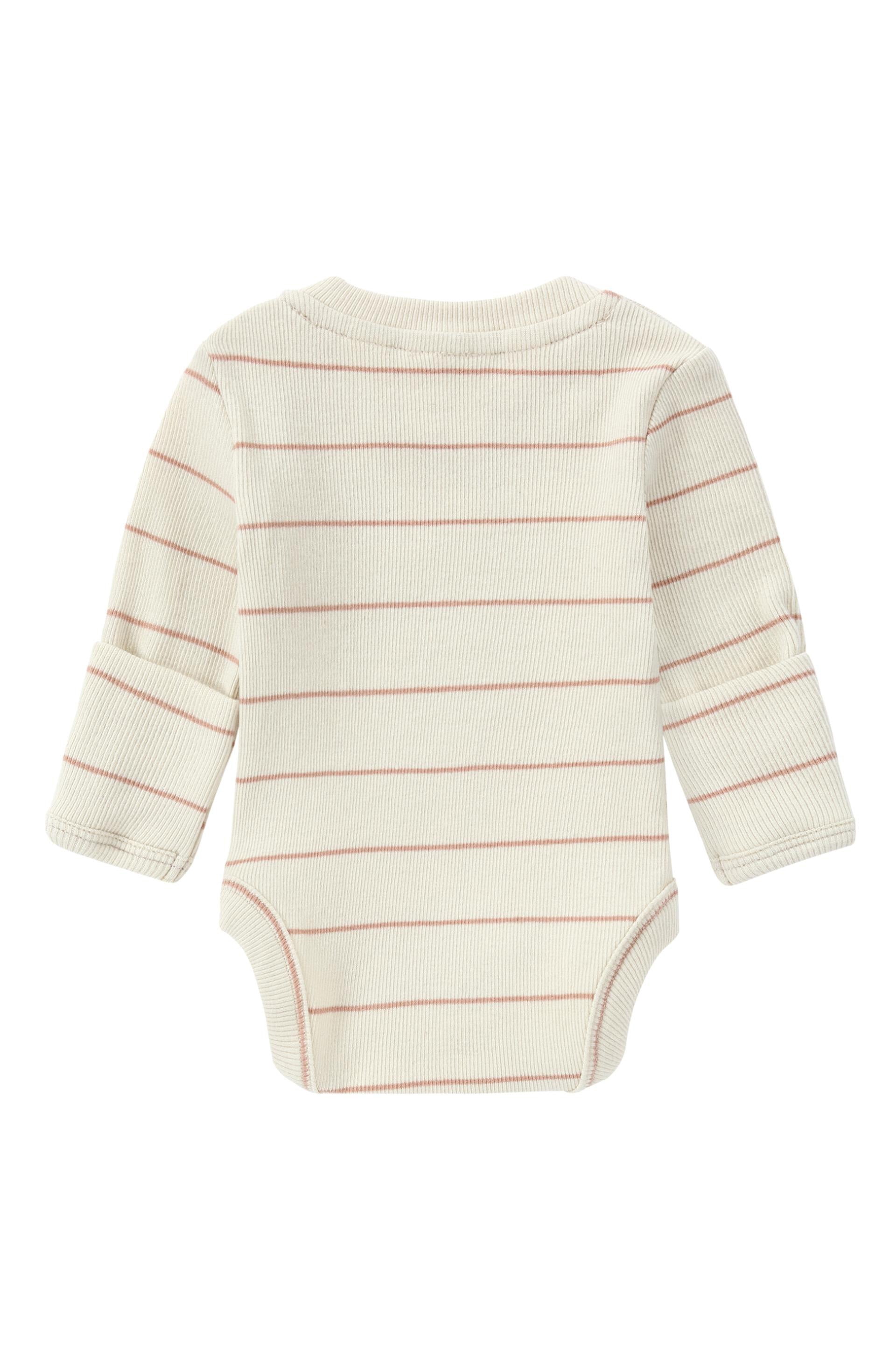 The Classic Bodysuit Coco Stripe by SUSUKOSHI is a long-sleeve baby onesie featuring a beige background with thin red horizontal stripes. It has a round neckline and snap closures at the bottom for easy dressing. Ethically made in China, the ribbed fabric adds texture and elasticity for enhanced comfort. The garment is shown laid flat to display the back view.