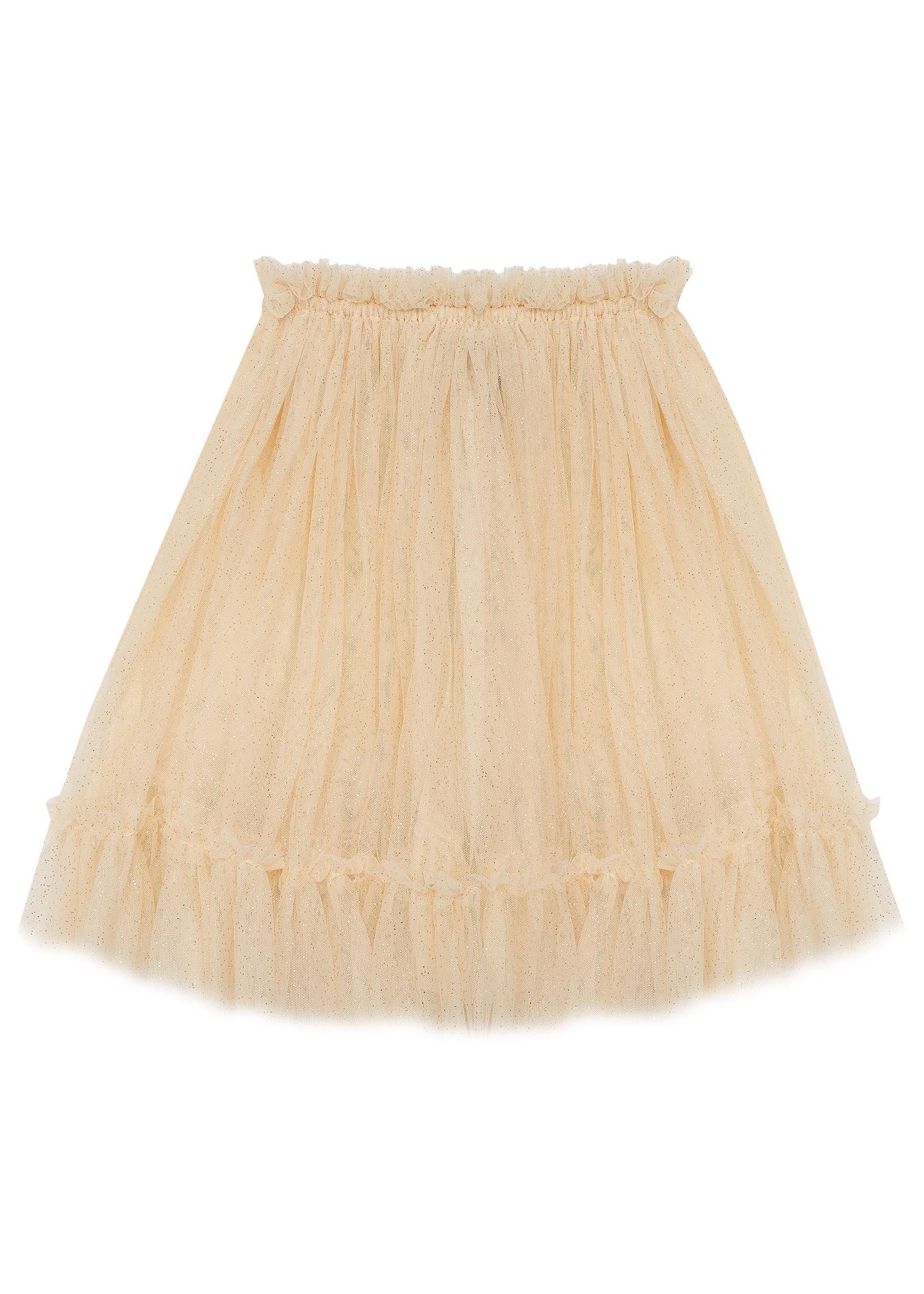 The Carrie Tutu Vanilla by BELLA + LACE is a cream-colored, knee-length skirt made from extra soft tulle. It features an elastic waistband and ruffled hem, creating a classic tutu look when showcased against a white background.