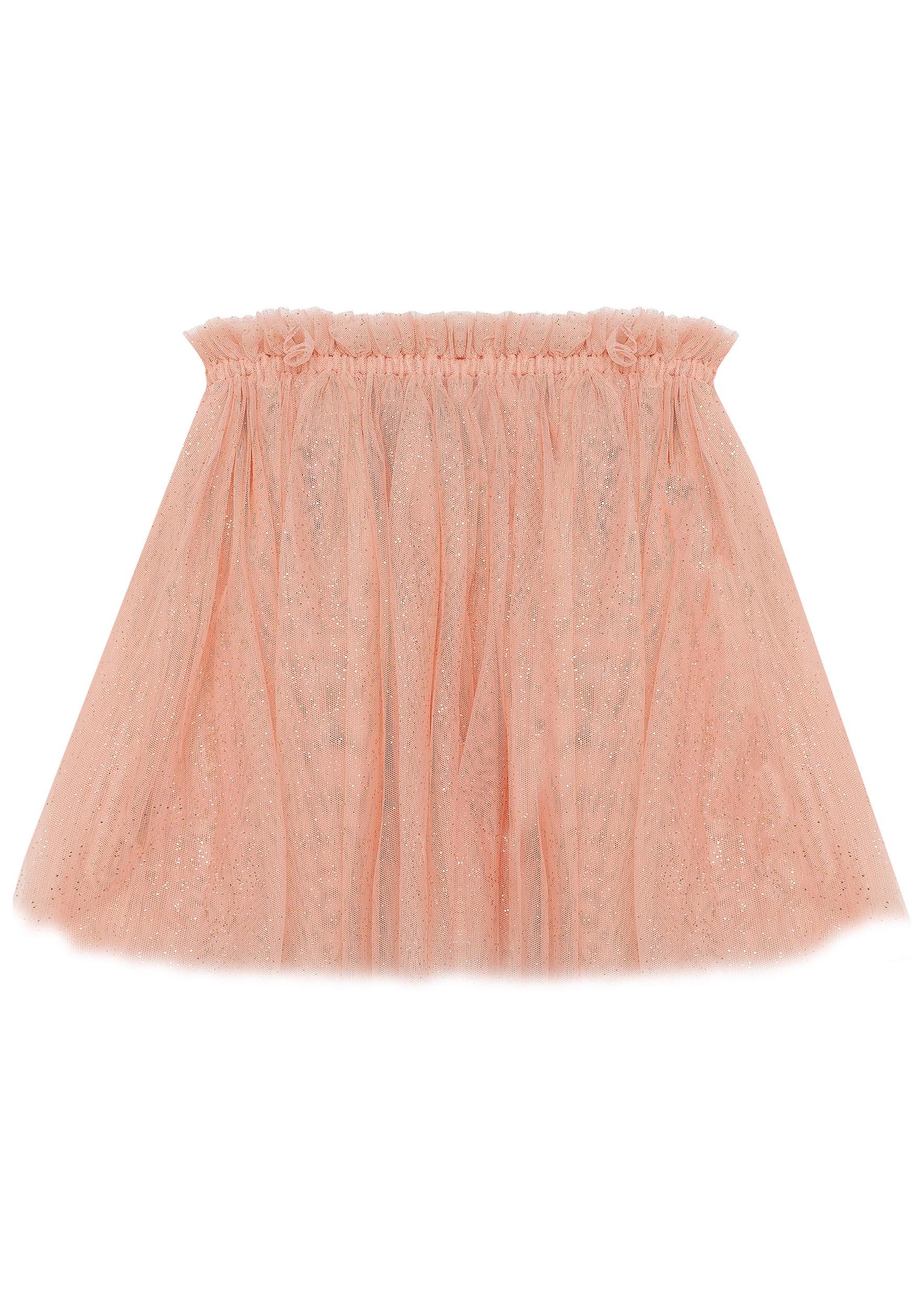 The BELLA + LACE Classic Tutu Pink Bloom skirt, embellished with glitter in a classic tutu style, boasts soft tulle fabric and an elastic waistband for added comfort.