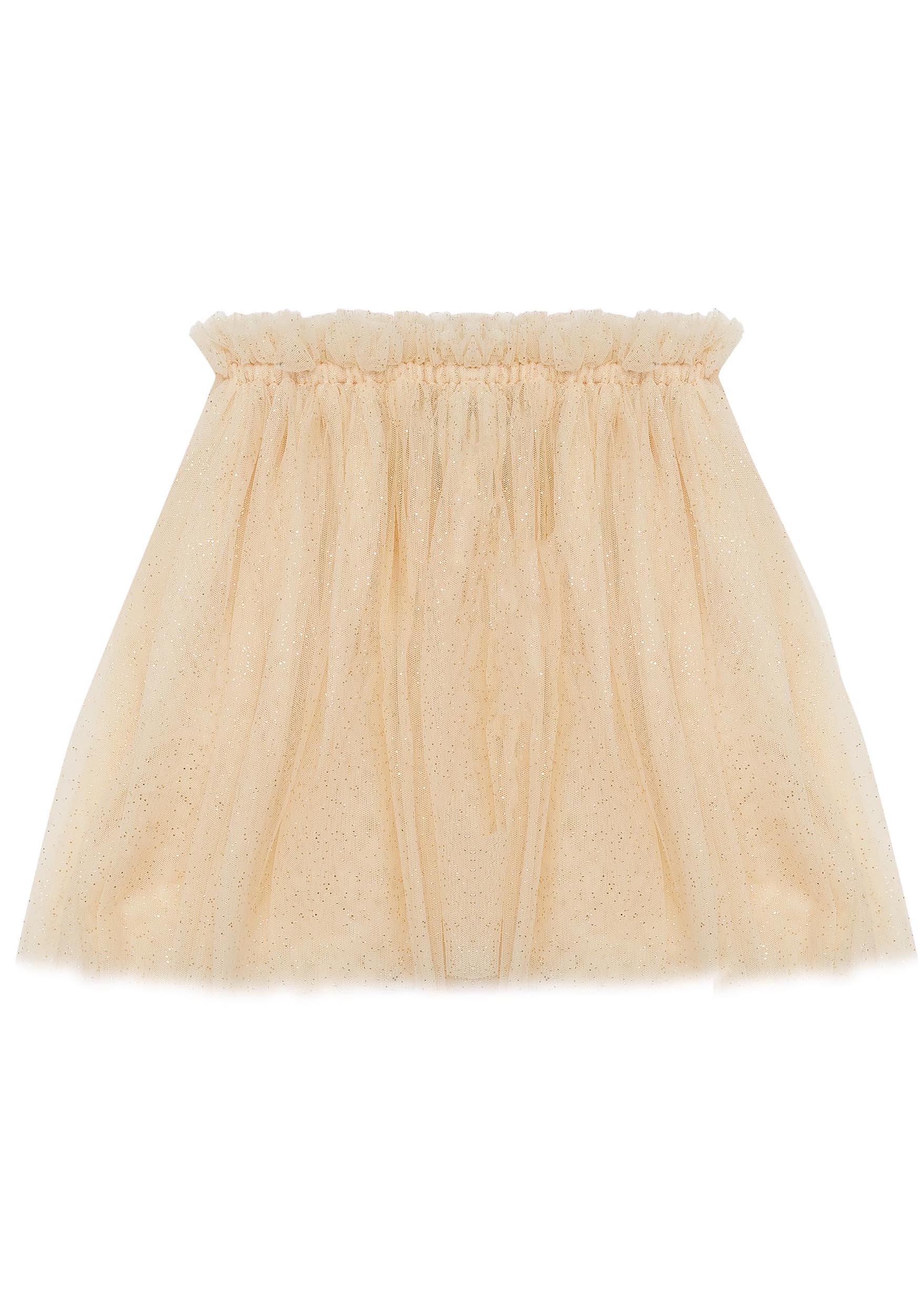 The Classic Tutu Vanilla from BELLA + LACE is a beige tulle skirt featuring a sparkly, shimmery texture. It includes an elastic waistband and layers of soft fabric, reminiscent of a classic tutu, for a voluminous appearance. The skirt is displayed against a plain white background.