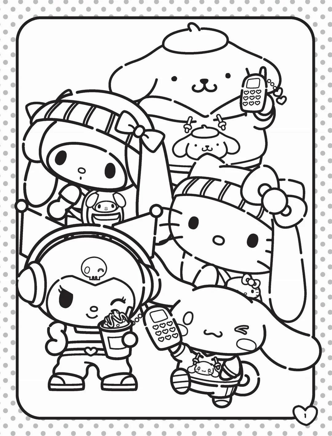 The Hello Kitty and Friends Activity Kit by BAY KIDS features a delightful black and white illustration of adorable cartoon animals, reminiscent of Sanrio characters. These charming creatures hold cell phones, with some wearing hats and bows, while one is enjoying fries. A small heart graces the bottom corner, surrounded by a polka dot border—ideal for creative coloring pages.