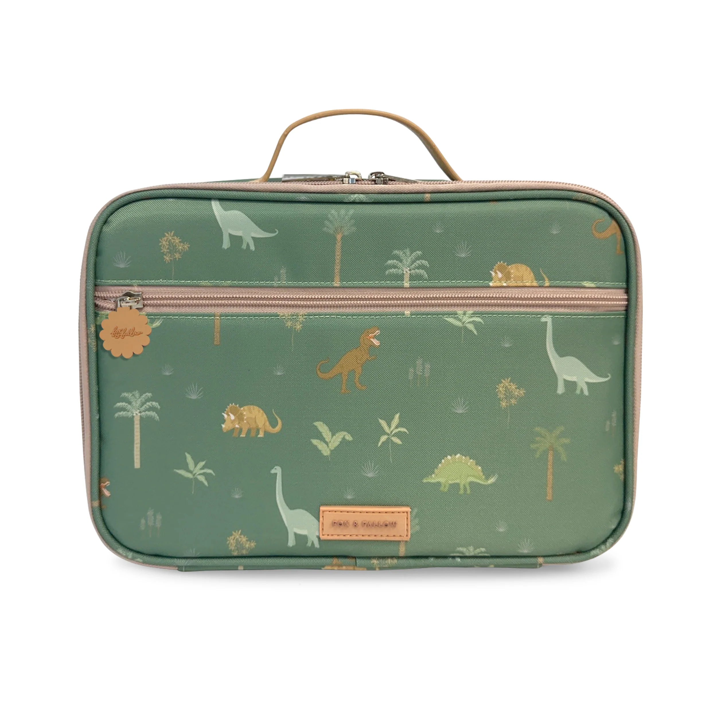 The Dinos Lunch Bag by FOX & FALLOW is a green rectangular lunch bag adorned with an insulated dinosaur print design, showcasing various dinosaurs and palm trees. It features a beige zipper on the front, a small handle on top, and a beige label at the bottom center.