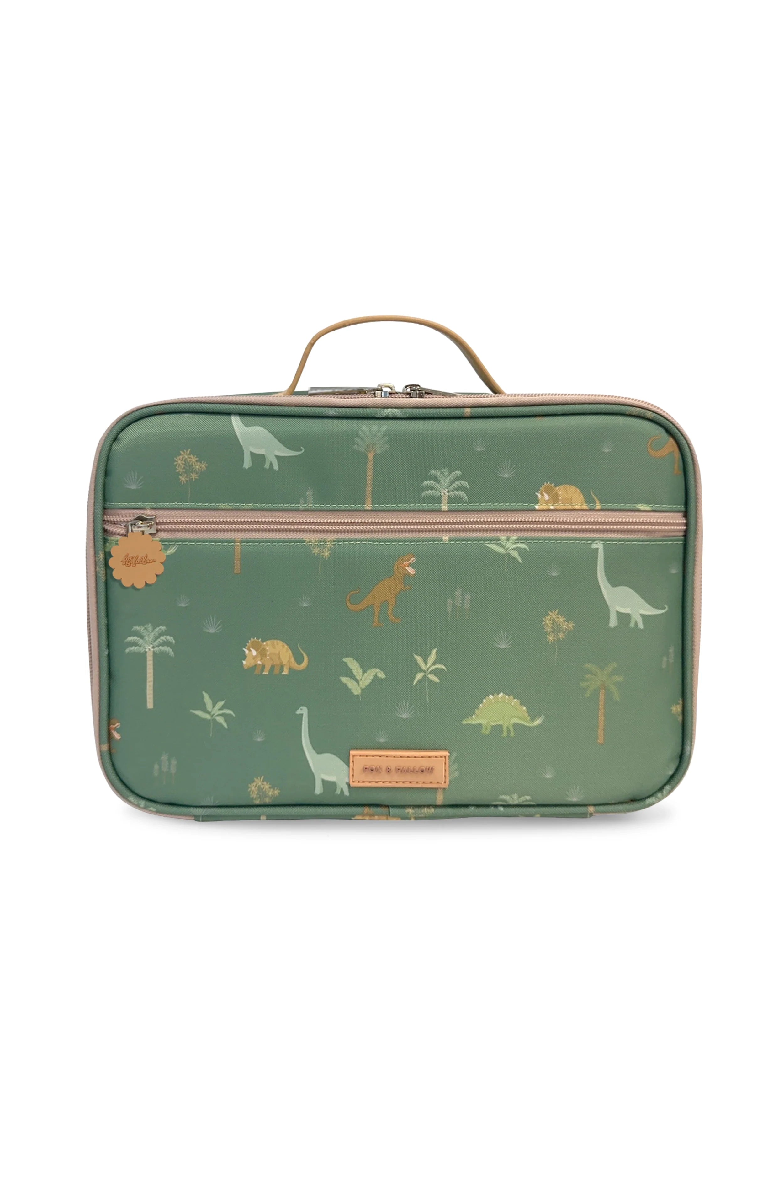 The Dinos Lunch Bag by FOX & FALLOW is ideal for keeping your meals fresh. This insulated, green rectangular lunch bag boasts a charming dinosaur pattern in brown and beige shades, showcasing various types of dinosaurs and trees. It features a sturdy handle, waterproof material, and a convenient zipper opening at the top.