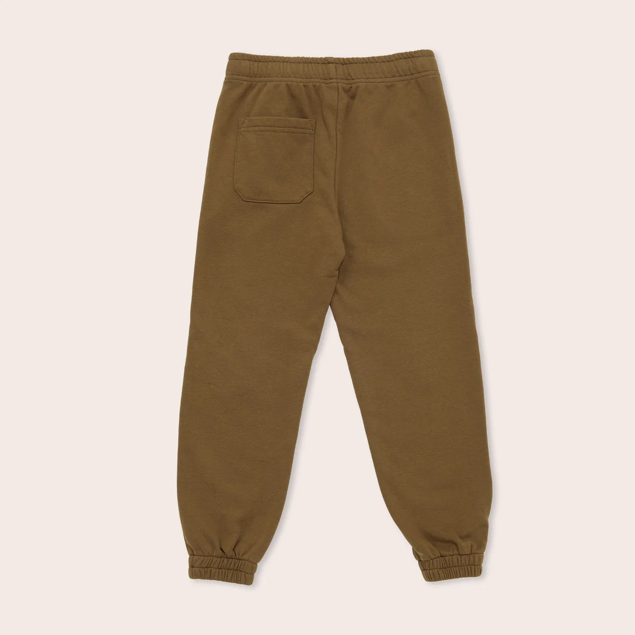 The Mood Track Pants from OLIVE + THE CAPTAIN are displayed flat, revealing the back side. These olive green trackies feature an elastic waistband, elastic cuffs at the ankles, and a single back pocket on the right side. Crafted from premium cotton fleece, these sweatpants seamlessly blend comfort and durability.