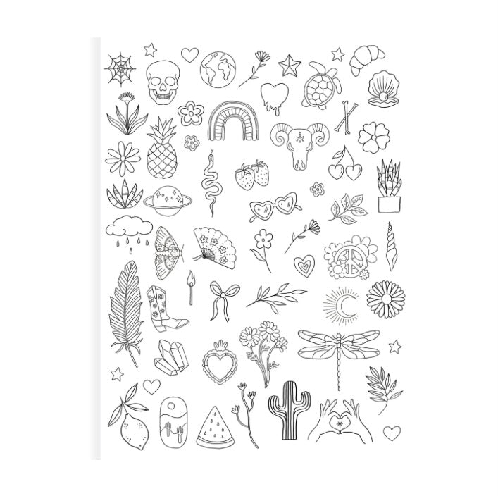 Introducing the "Tattoo Activity Book - Delicate Designs" by BAY KIDS, a captivating black and white doodle collage perfect for use as a coloring book. It includes whimsical elements such as flowers, hearts, a cactus, skulls, a rainbow, stars, fruits, shoes, a butterfly, and a dragonfly among others. Ideal for fans of fine-line designs seeking creative relaxation.