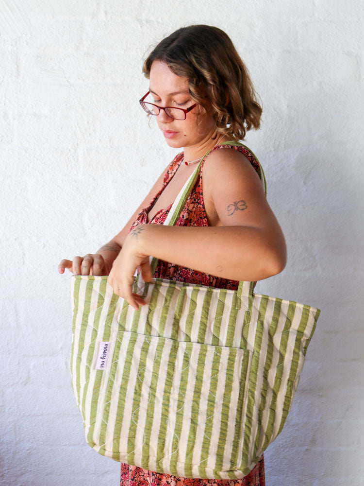 Mosey Me Pistachio Seersucker Quilted Bag styled