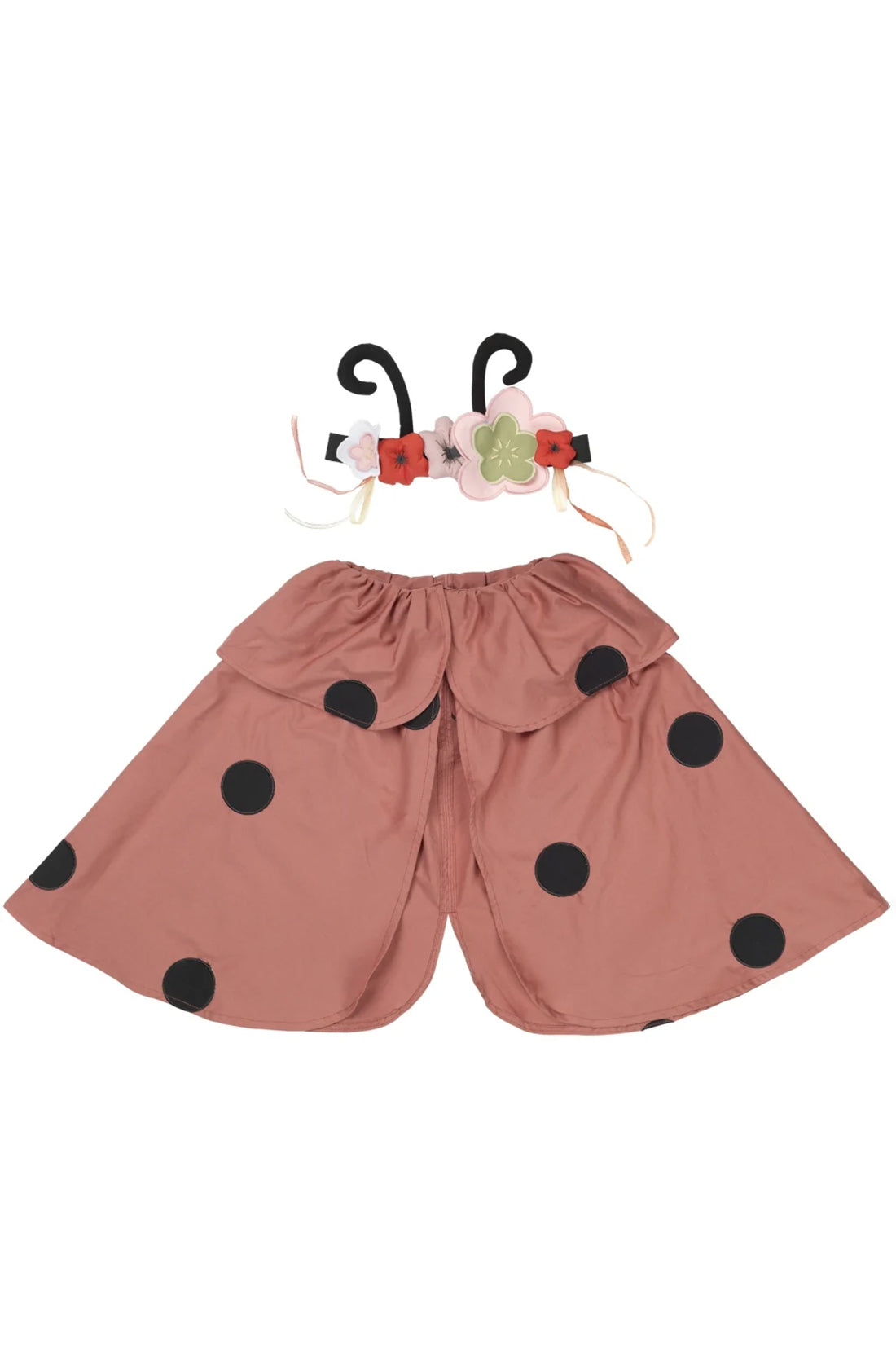 The Dress Up Ladybug Set by FABELAB is a children's costume featuring a red skirt with black polka dots and a black antenna headband adorned with colorful fabric flowers. This set includes a skirt with layered flaps resembling wings, designed to inspire children's imagination.