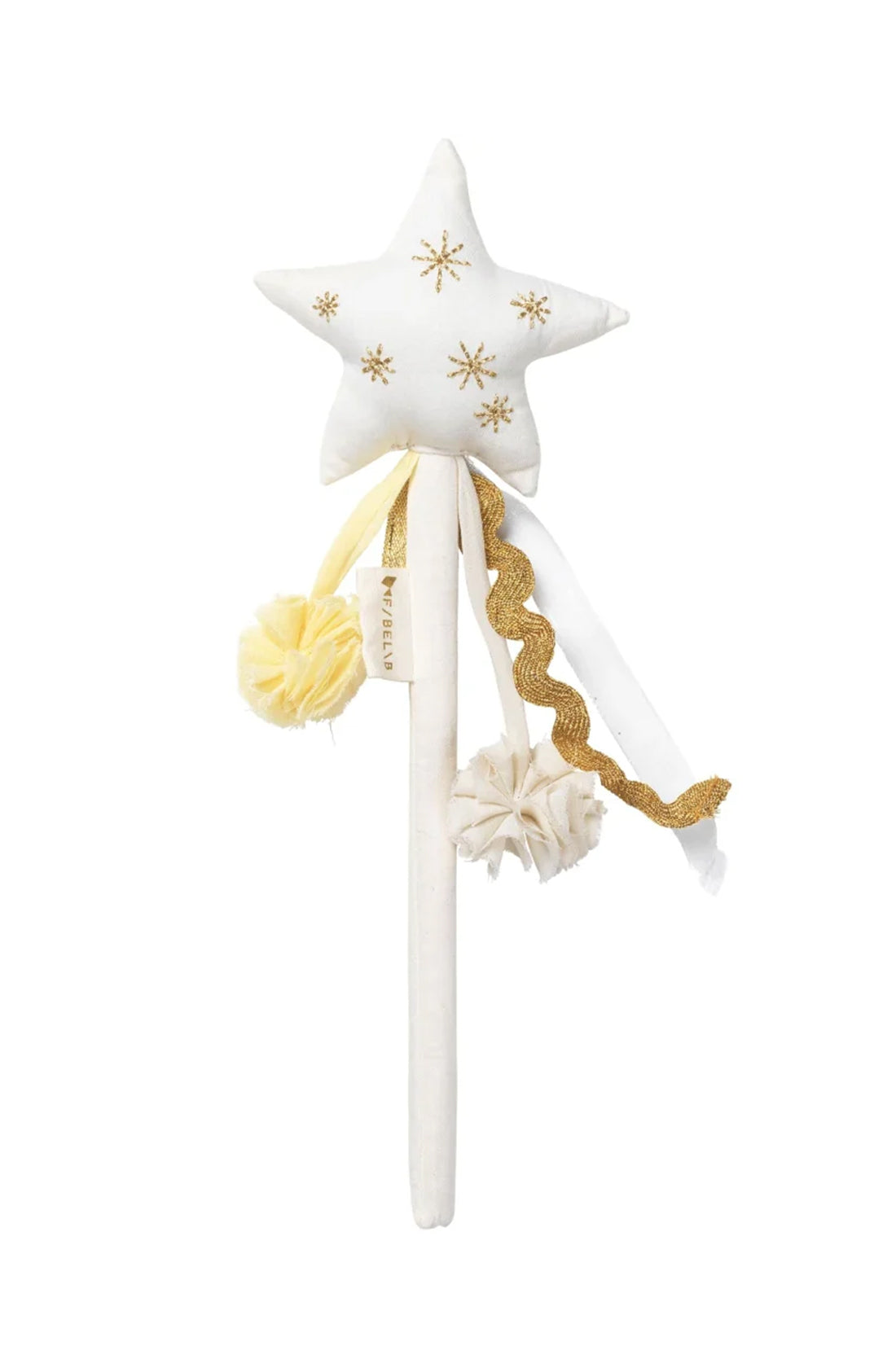 The FABELAB Dress Up Magic Wand Natural is a whimsical accessory perfect for costume play. It features a star-shaped top adorned with gold embroidered stars. The wand's white handle is embellished with decorative elements, including yellow and white pom-poms, as well as gold and white ribbons.