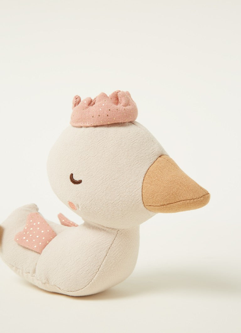 Meet Duck Davey 17cm, a charming soft toy from the PICCA LOULOU collection. Made from beige fabric with a peach-colored beak, this adorable duck sports a small pink crown and has pink wings with white polka dots. Its stitched, closed eyes give it a sleeping appearance—an ideal nursery decoration.