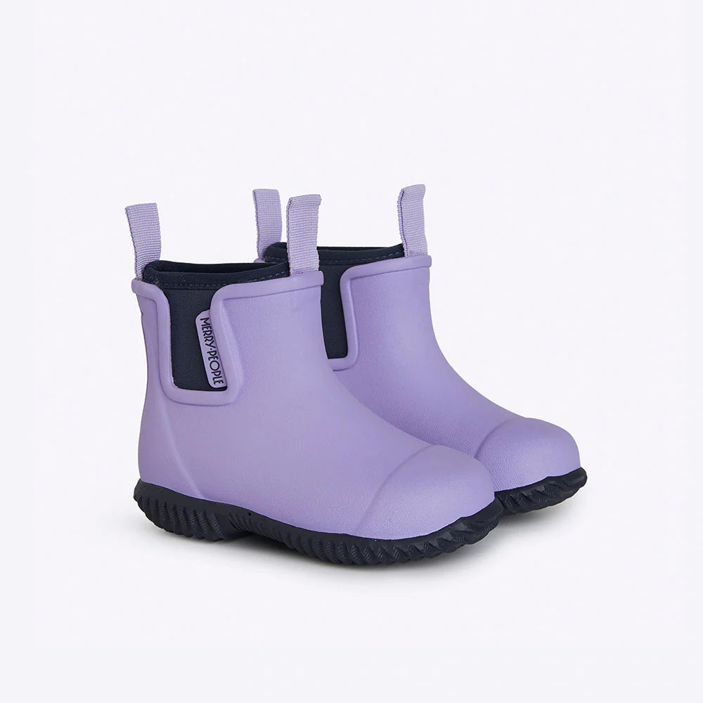 MERRY PEOPLE’s Merry People ~ Bobbi Kids Gumboot in lavender and navy are vegan ankle-length rubber boots with black soles, pull tabs, and side branding, displayed to show front and side views.