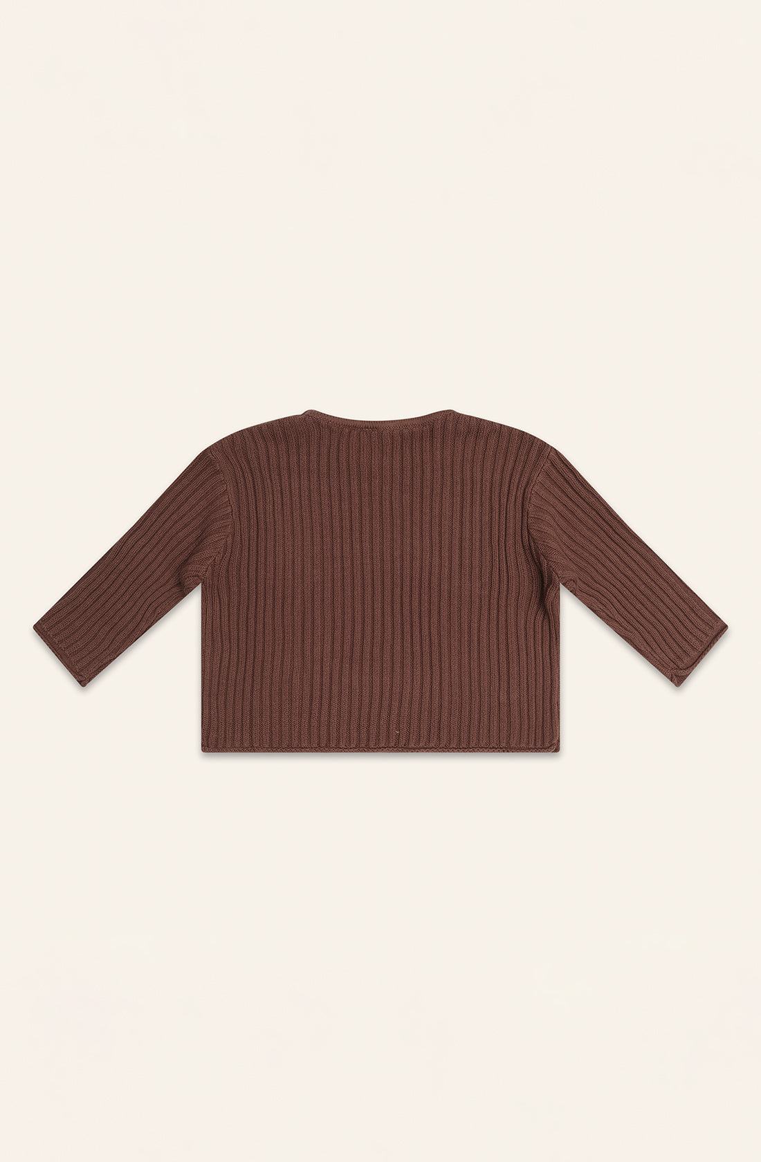 The back of the essential knit jumper in cocoa.