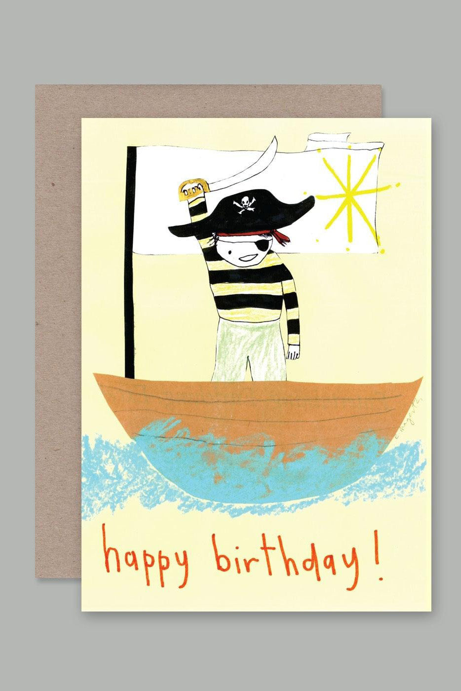 Introducing the Greeting Card "Happy Birthday Pirate" by AHD PAPER CO: This birthday card features an illustration of a smiling child dressed as a pirate on a wooden boat, waving a sword. A pirate flag and a yellow star form the backdrop, creating a vibrant scene. Printed in full colour on recycled paper, the text at the bottom reads "Happy Birthday!