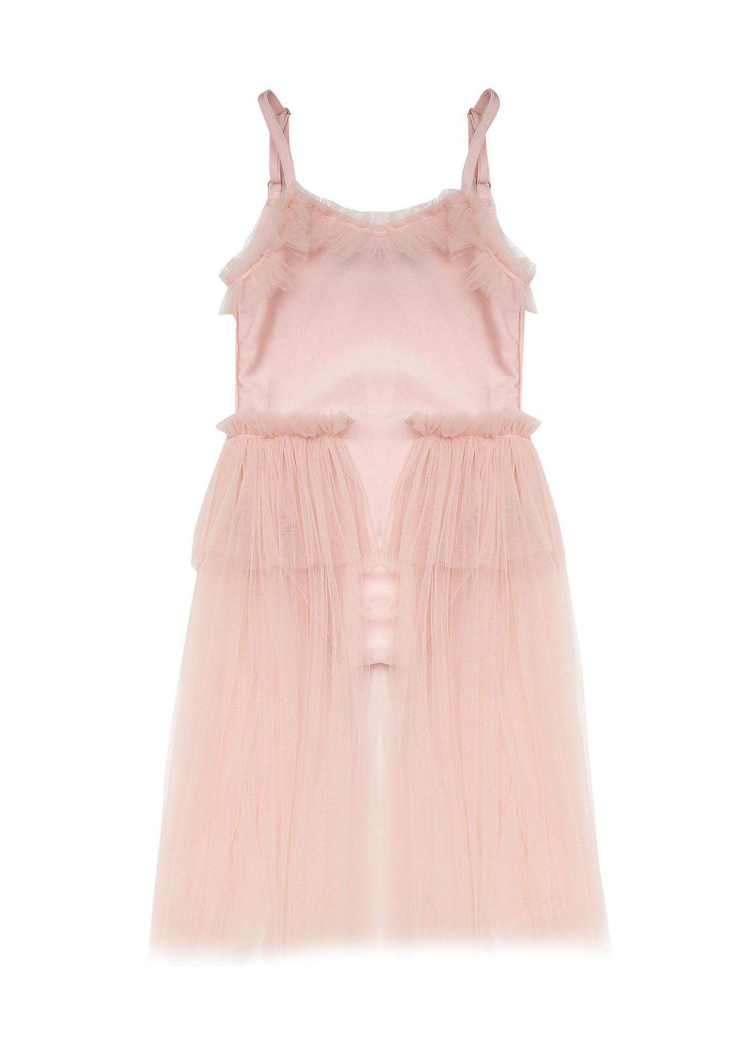 The Elanore Dress Twinkle Toes from BELLA + LACE exudes charm with its pink, sleeveless, knee-length design and tulle accents. Featuring ruffled tulle layers on the skirt and bust reminiscent of a ballet class tutu, this dress boasts a fitted bodice and soft fabric to enhance its delicate elegance.