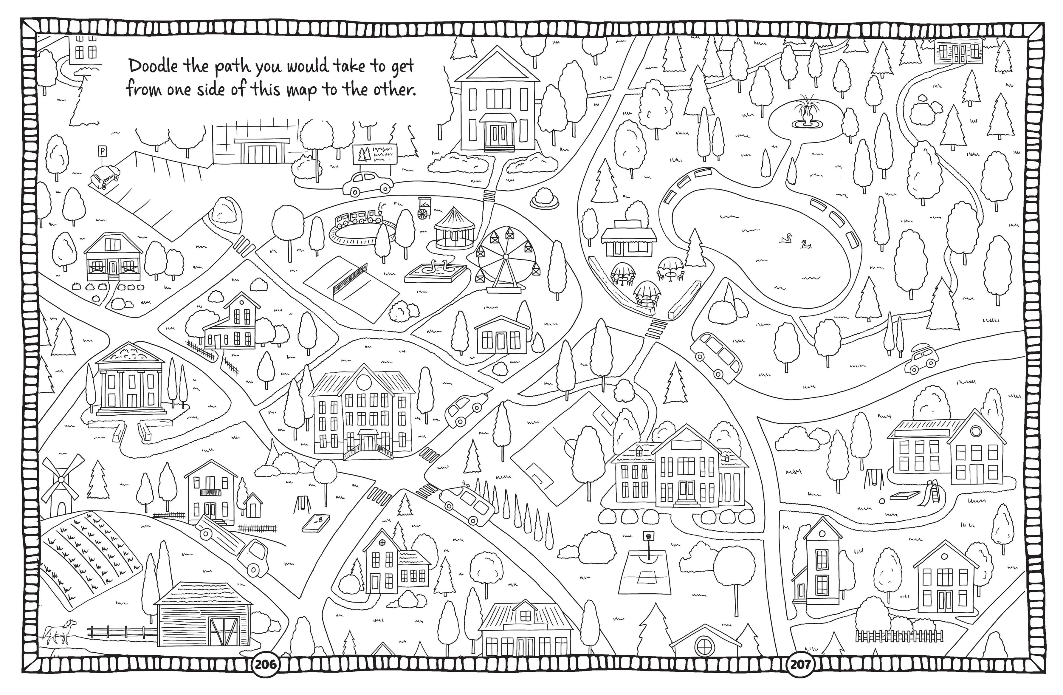 The Bumper Activity Book - Heaps of Fun Stuff to Do on Holidays by BAY KIDS includes a captivating black and white illustration of a park map, complete with winding paths, trees, picnic areas, benches, small buildings, and a pond. Interactive prompts invite you to doodle your own route across the park in this engaging book.