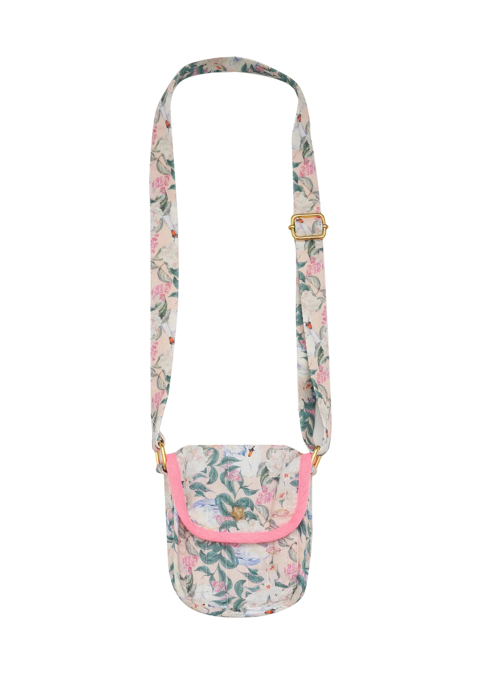 A hand bag with a floral print design with a pink trim around the opening flap.