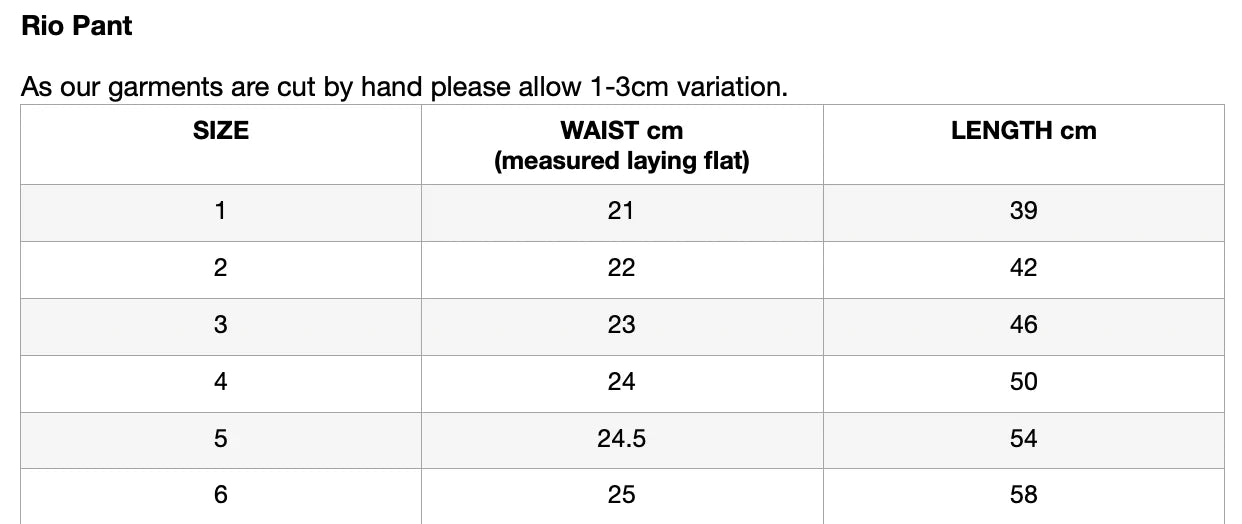 A size chart for the durable VALENCIA BYRON BAY Rio Pant Marigold is available. Sizes 1 through 6 include corresponding waist (measured laying flat) and length measurements in centimeters. Waist ranges from 21 cm to 25 cm, and length ranges from 39 cm to 58 cm. Please note that a variation of 1-3 cm may occur due to hand cutting. These pants are made with 100% cotton.