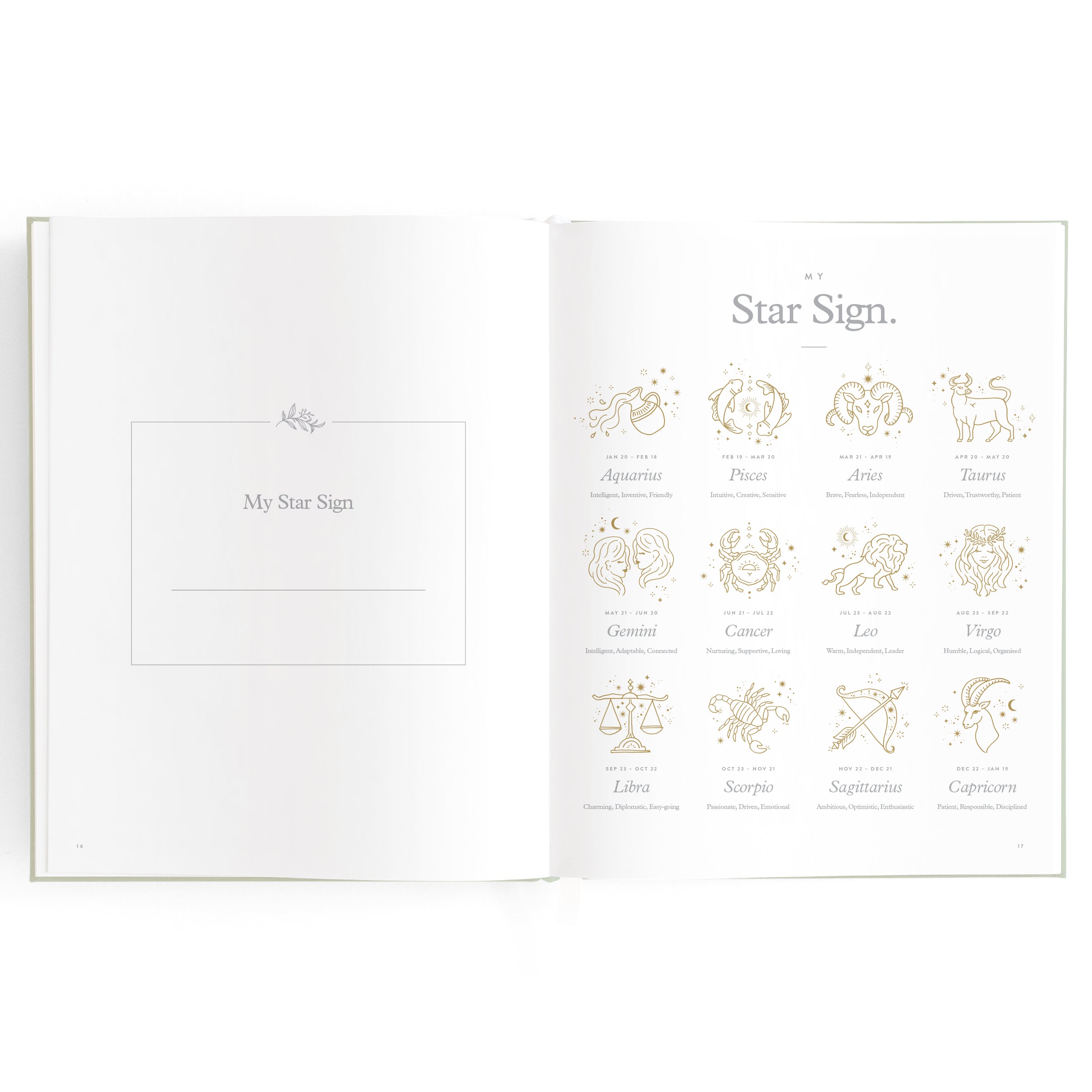 An open Baby Book Pistachio by FOX & FALLOW, displaying a page titled "My Star Sign" on the left for personal entry, and a page on the right listing all twelve zodiac signs with corresponding illustrations: Aquarius, Pisces, Aries, Taurus, Gemini, Cancer, Leo, Virgo, Libra, Scorpio, Sagittarius, and Capricorn.