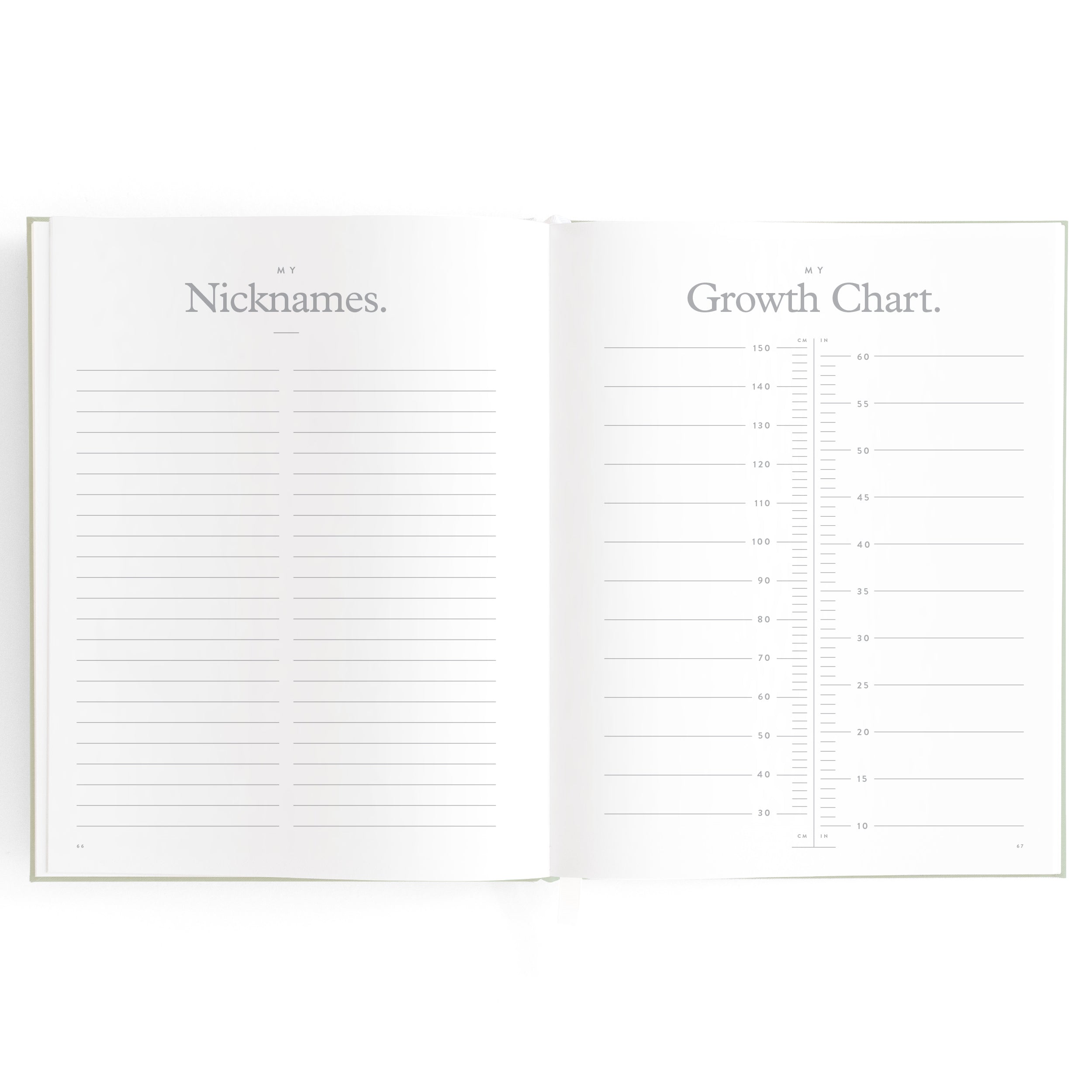 The Baby Book Pistachio by FOX & FALLOW displays an open book with two pages. The left page is titled "My Nicknames," providing lined spaces for entries. The right page, ideal for a milestone book, is labeled "My Growth Chart" and includes a vertical measuring scale marked in inches from 15 to 65 with corresponding spaces for dates.