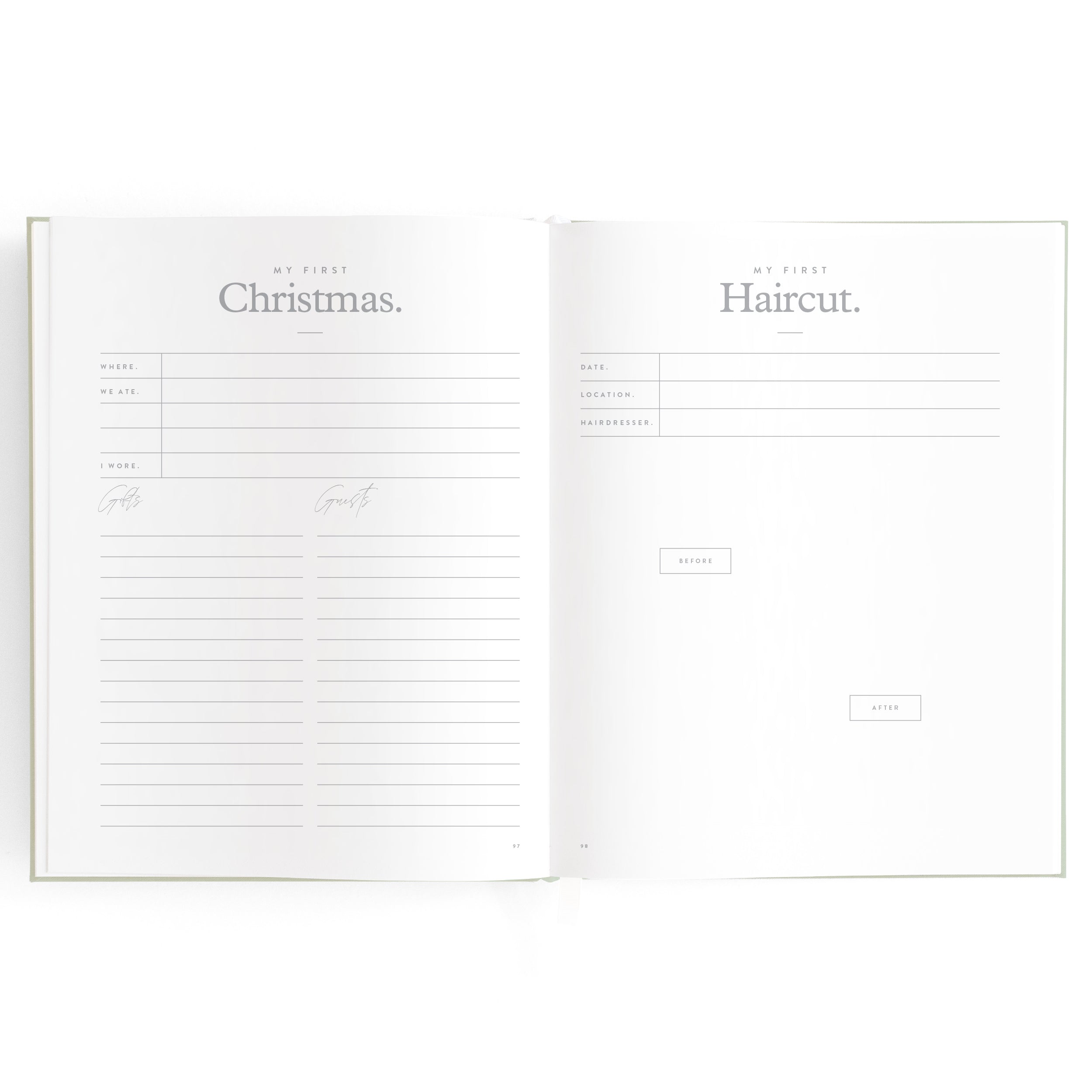 An open book, the "Baby Book Pistachio" by FOX & FALLOW, displays pages titled "My First Christmas" on the left and "My First Haircut" on the right. This cherished family keepsake includes sections for filling in information like date, location, and other details, as well as lined spaces for writing personal notes.