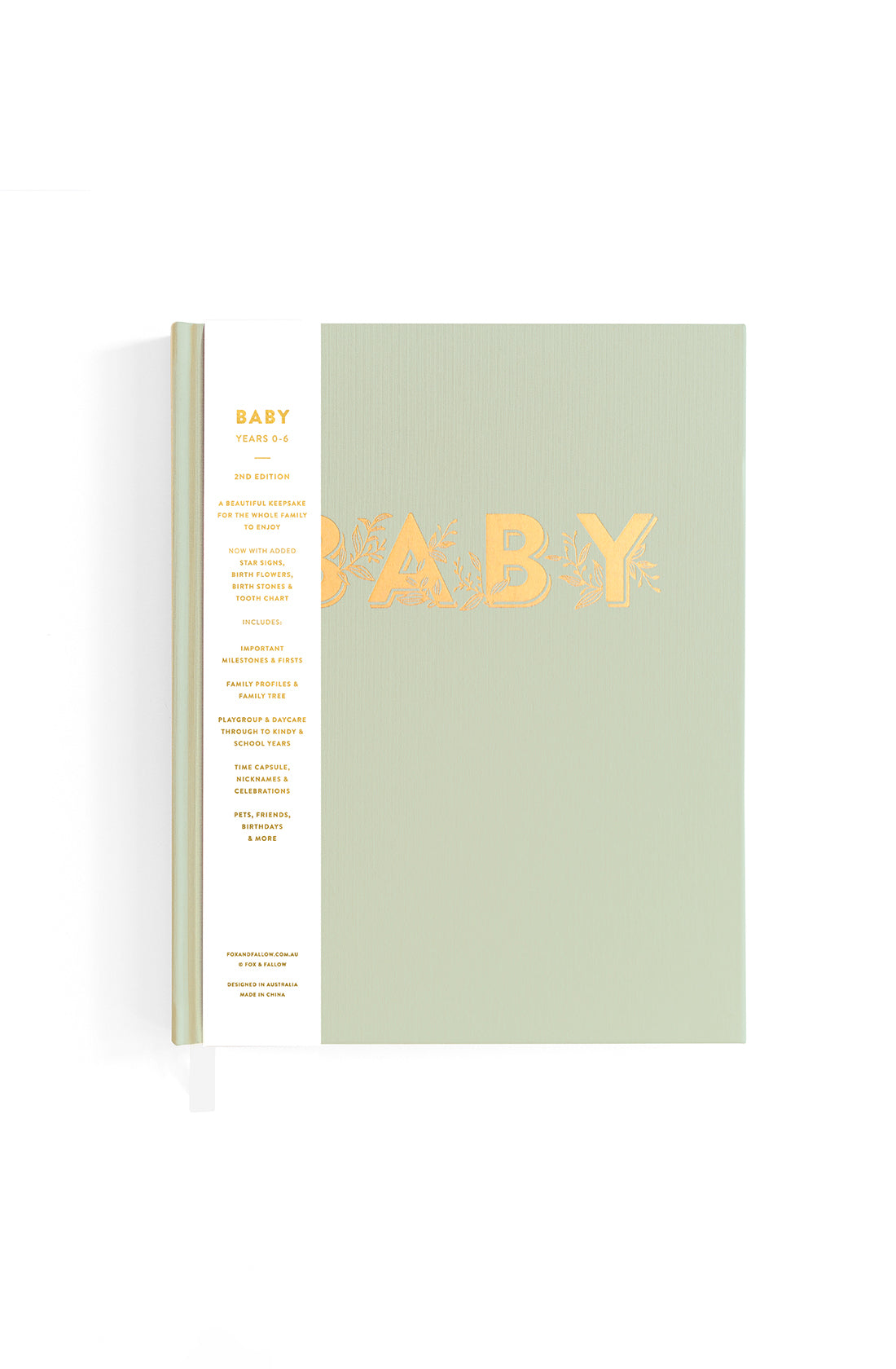 The FOX & FALLOW Baby Book Pistachio is a light green hardcover milestone book embossed with the word "BABY" in gold, featuring floral illustrations integrated into the letters. A white vertical strip on the left side lists various content themes in gold text, with the subtitle "Years 0-5" at the top. This elegant family keepsake captures precious moments.