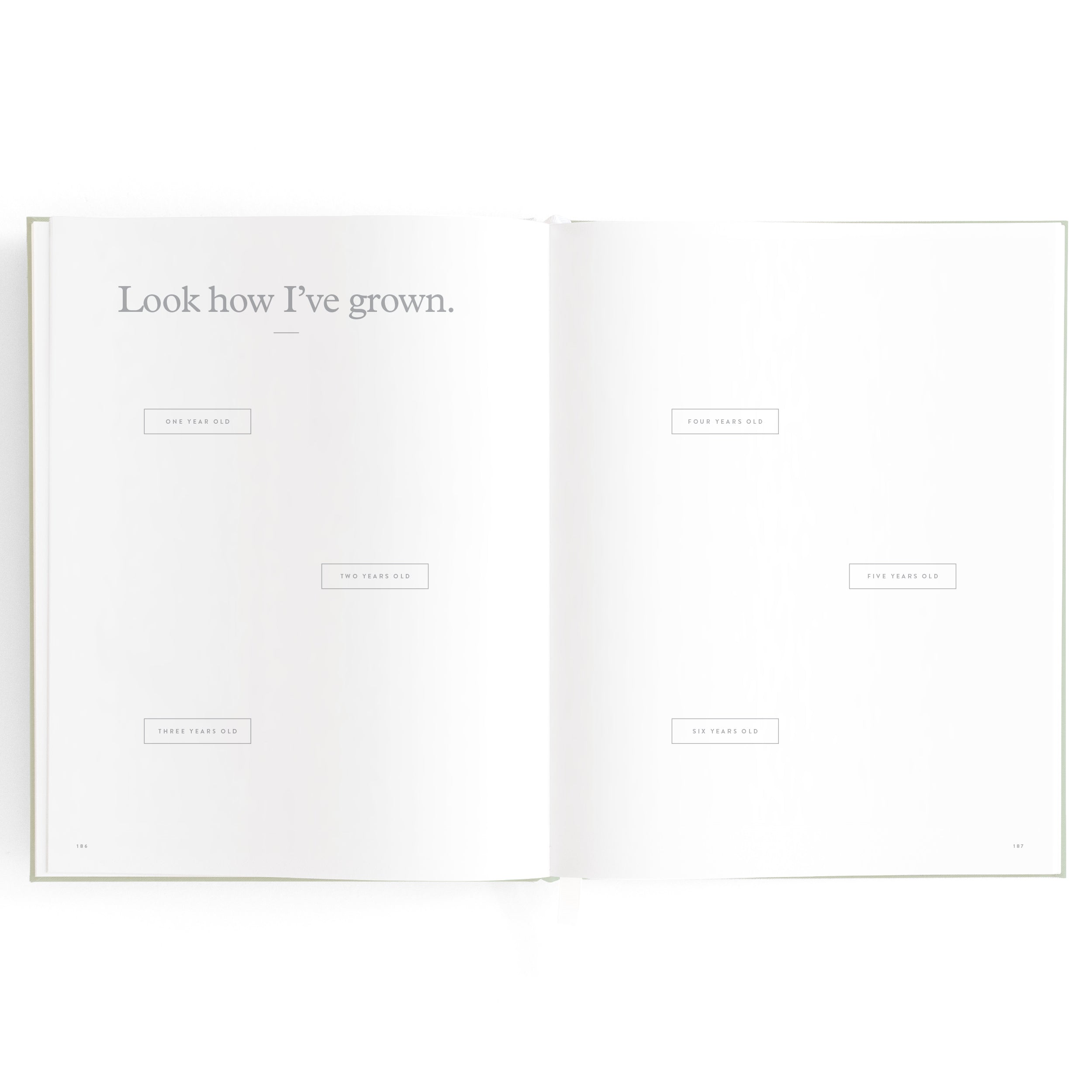 A blank open book spread titled "Look how I've grown." The left page has frames labeled "One Year Old" and "Two Years Old," while the right page features frames for "Three Years Old," "Four Years Old," and "Five Years Old." This milestone book, named Baby Book Pistachio by FOX & FALLOW, is perfect as a family keepsake and boasts a minimalistic design.