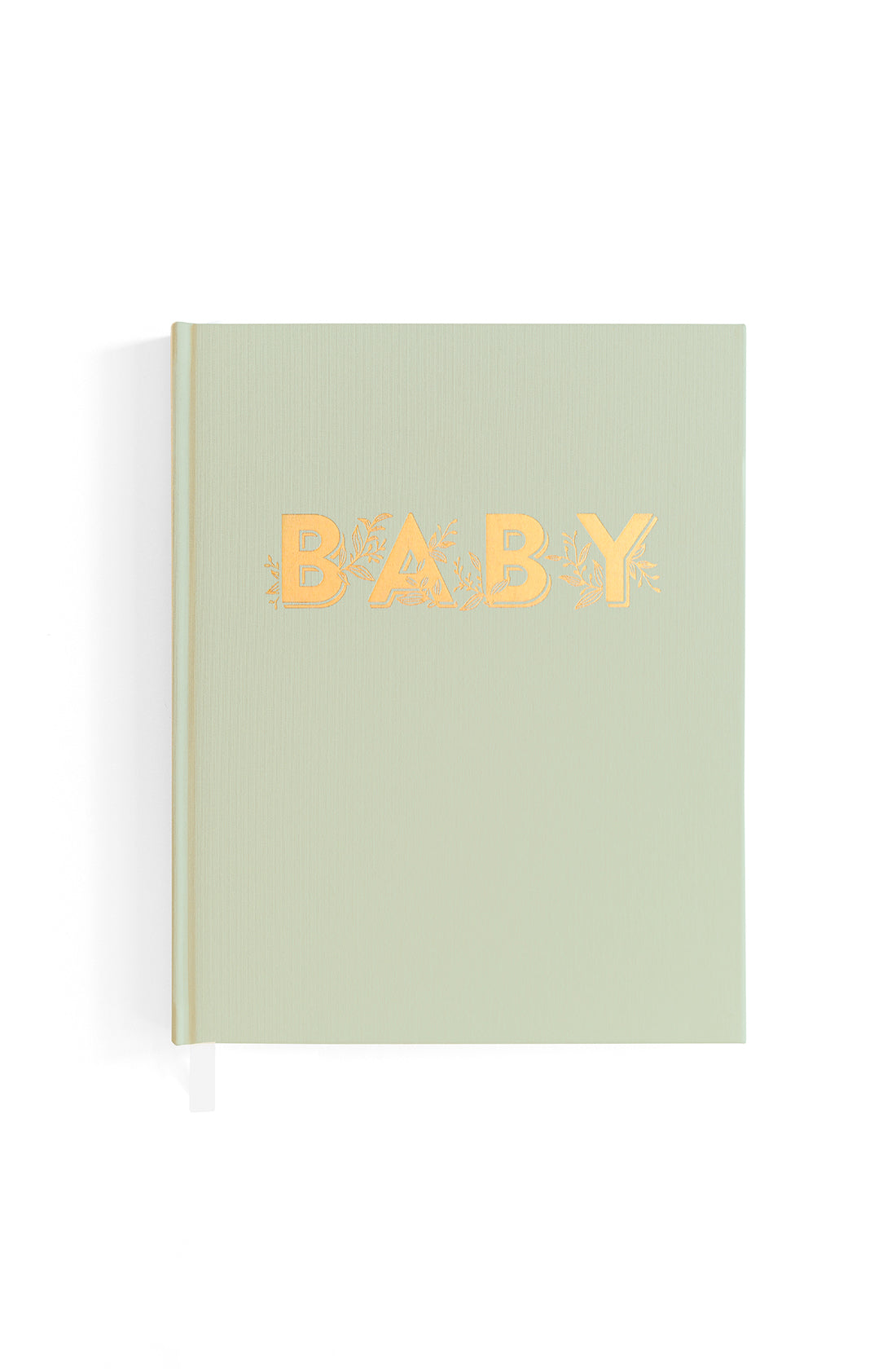 A light green hardcover memory album titled "BABY" in large, gold embossed letters with decorative floral patterns inside the letters. Positioned against a plain white background, this FOX & FALLOW Baby Book Pistachio is perfect for capturing cherished moments.