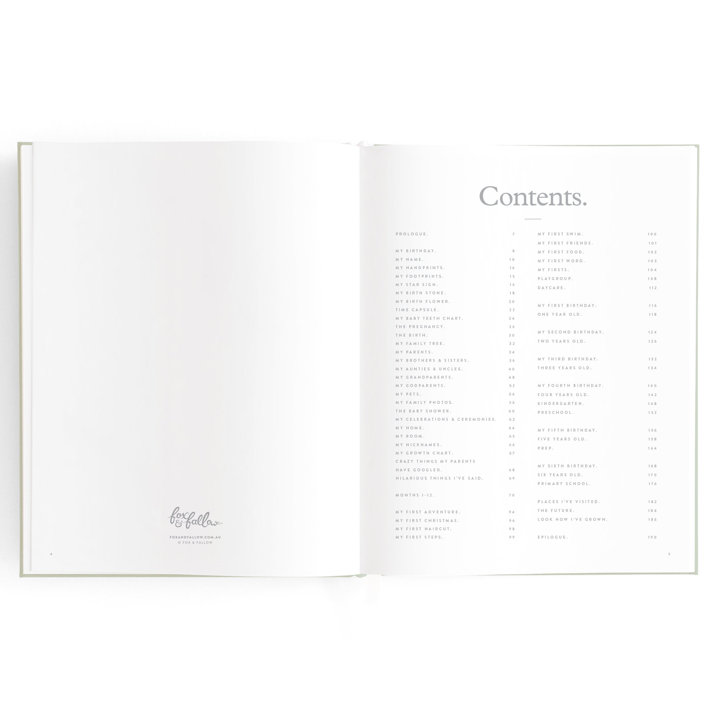 The Baby Book Pistachio by FOX & FALLOW is opened to the table of contents. The left page showcases a cursive signature and design credit at the bottom, while the right page lists multiple section titles alongside their corresponding page numbers. Its minimalistic layout, reminiscent of a memory album, offers ample white space ideal for preserving cherished family keepsake notes.