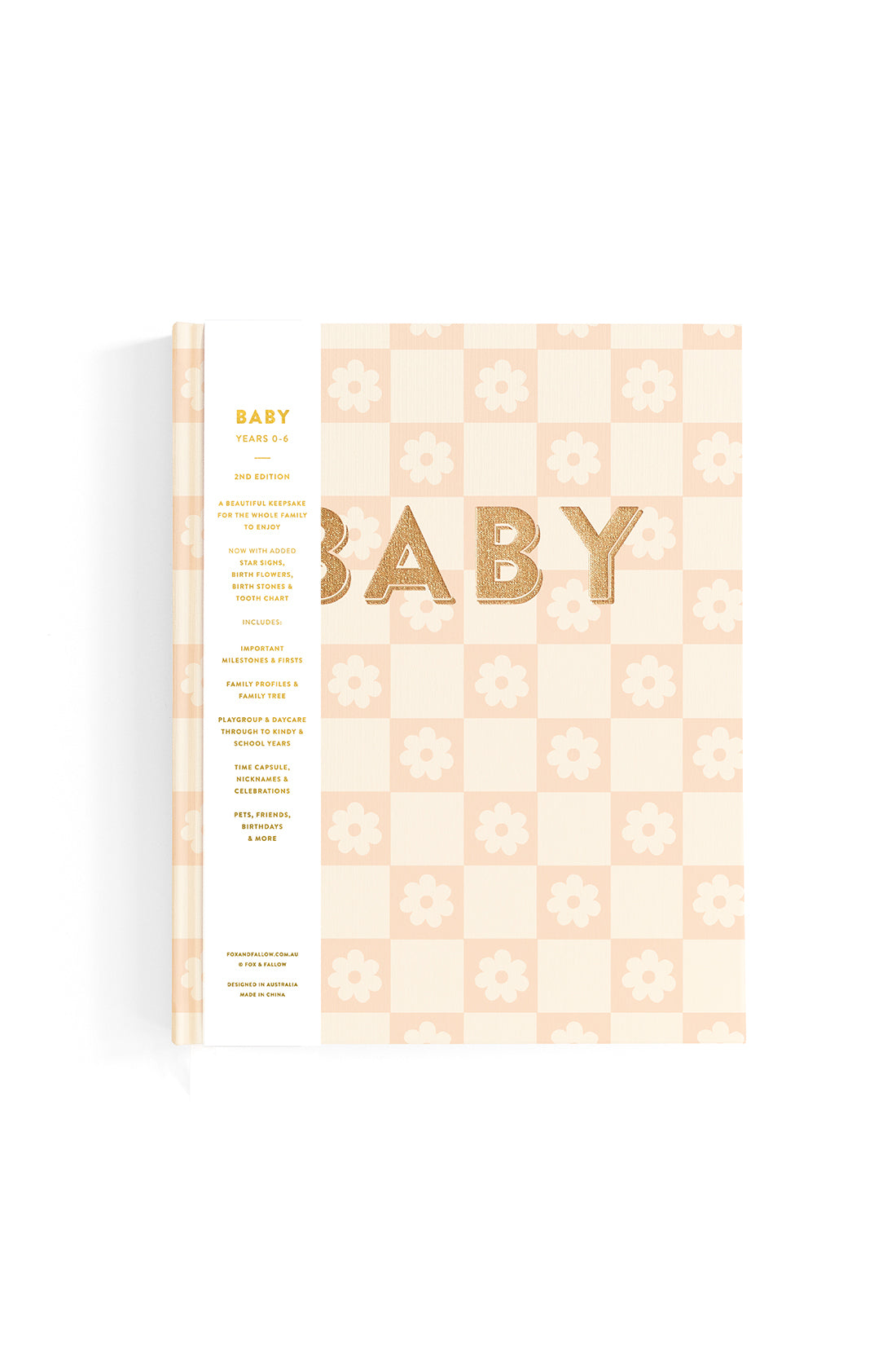 The Baby Book Daisy Grid by FOX & FALLOW is a beige memory book with a checkered pattern and delicate floral motifs on the cover, ideal for capturing precious family memories. The word "BABY" is boldly written across the front in gold, while a white vertical band on the left side lists various sections of this charming milestone book in small text.