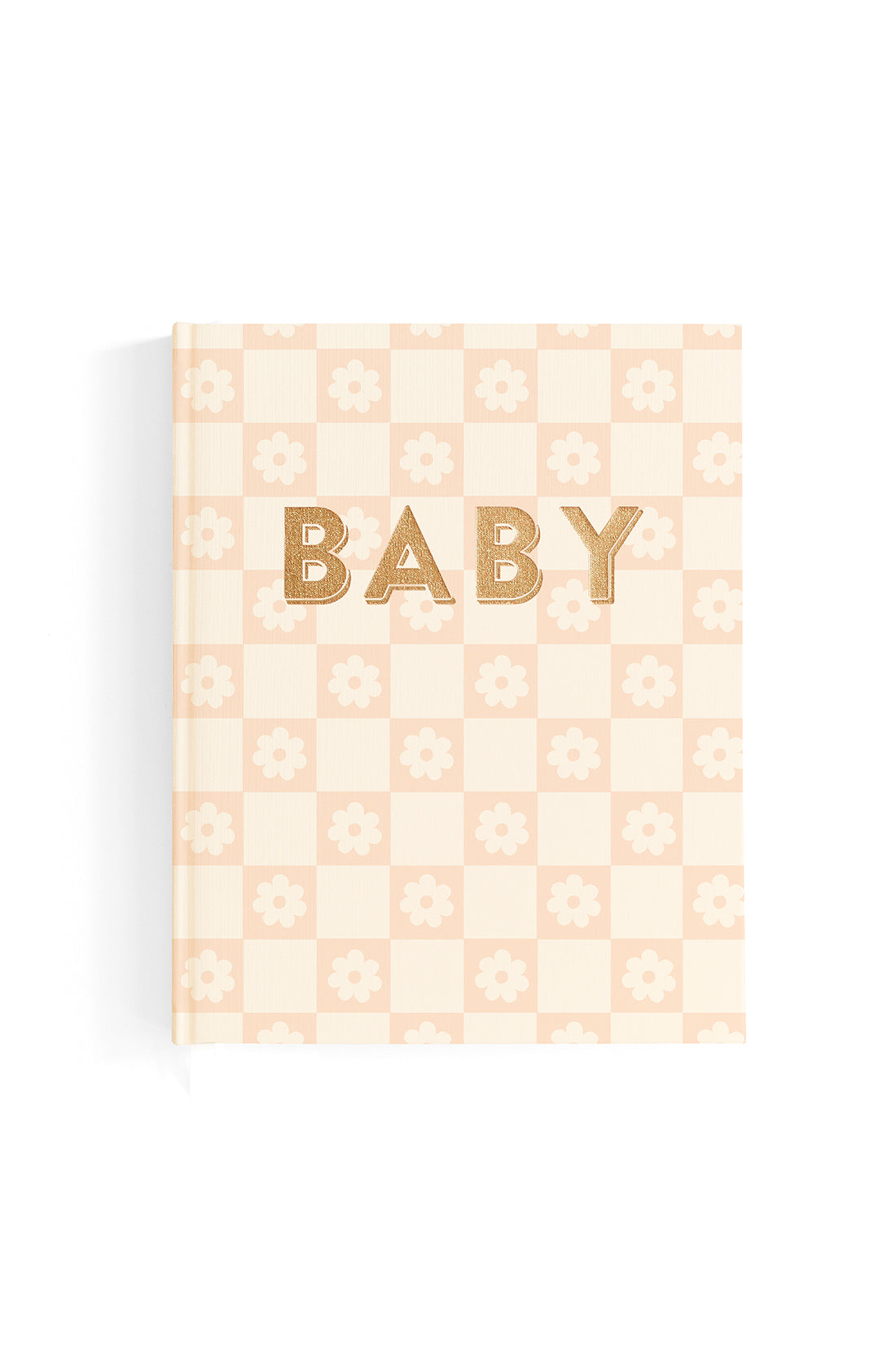 The FOX & FALLOW Baby Book Daisy Grid features a beige and white checkered cover adorned with delicate white flower patterns and gold embossed "BABY" lettering at the center, making it an ideal choice for preserving family memories.